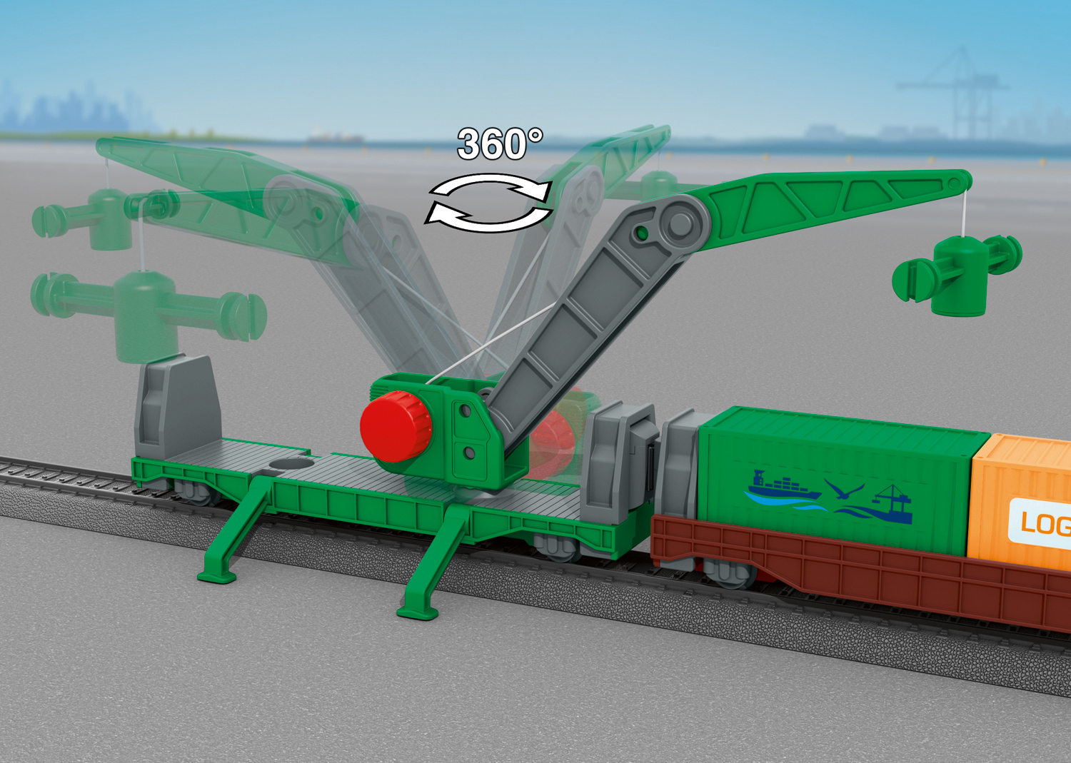 Wagonik zabawkowy z dźwigiem, który może obracać się o 360 stopni, na szarym tle.