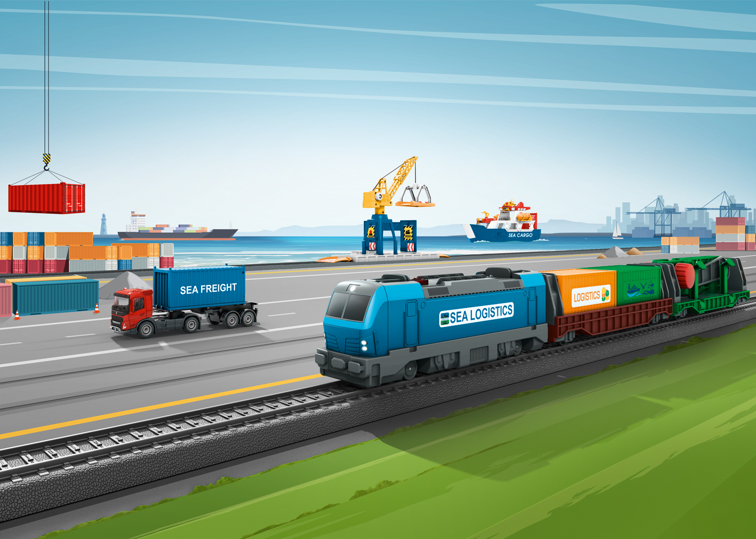 Ilustracja z kreskówki przedstawiająca pociąg, ciężarówkę i statki w scenerii portowej z błękitnym niebem.