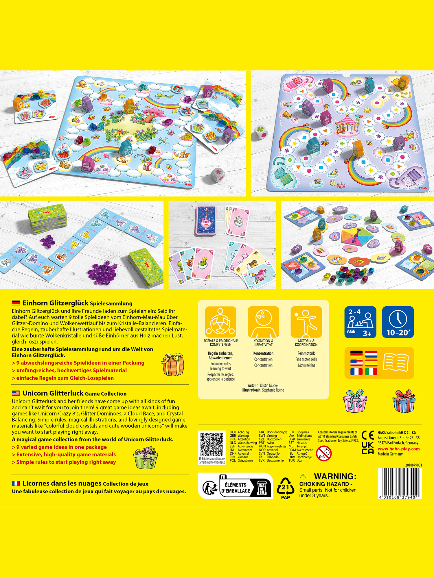 Farbenfrohes Brettspiel mit Einhörnern, Regenbogen und Spielsteinen, mit Text in verschiedenen Sprachen.
