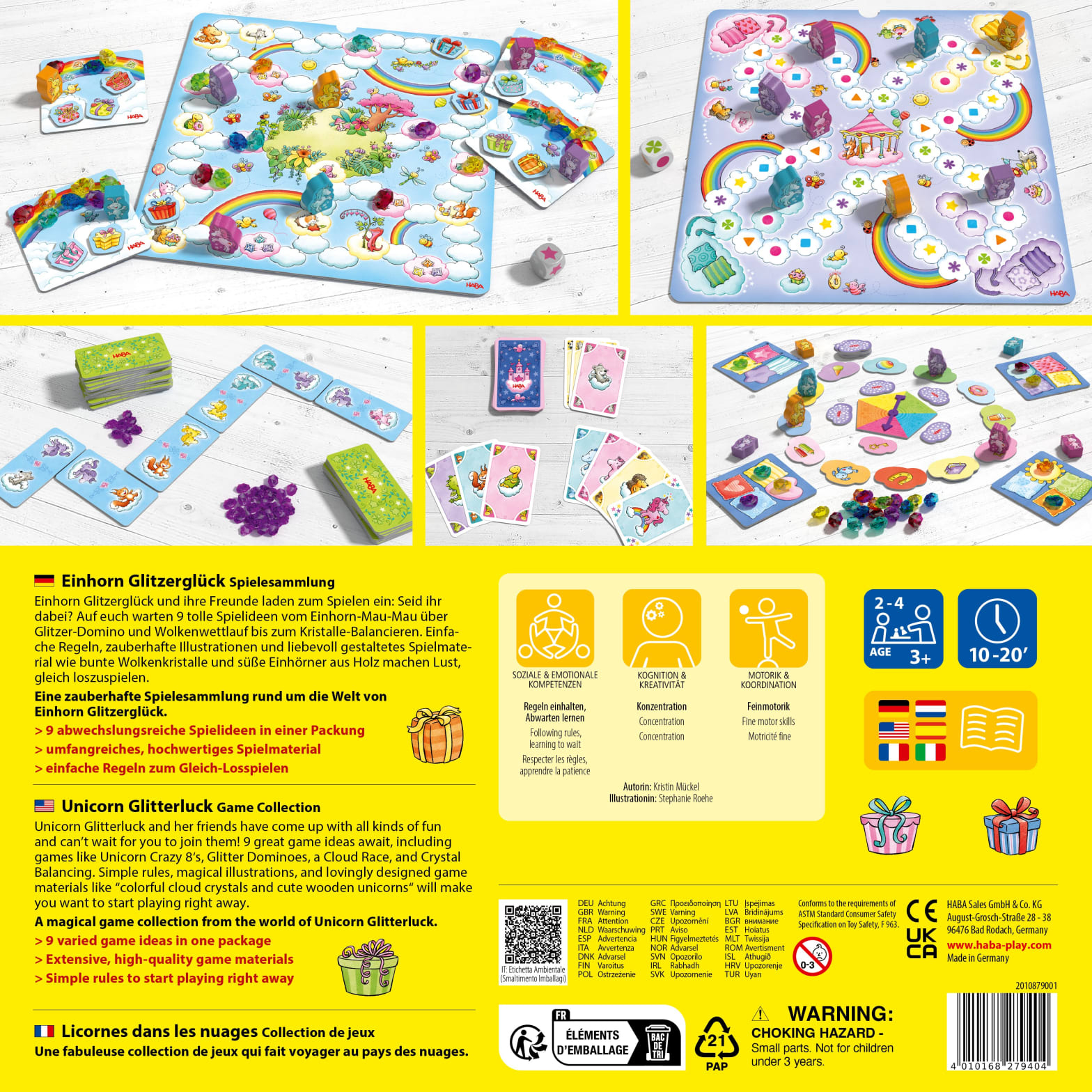 Farbenfrohes Brettspiel mit Einhörnern, Regenbogen und Spielsteinen, mit Text in verschiedenen Sprachen.