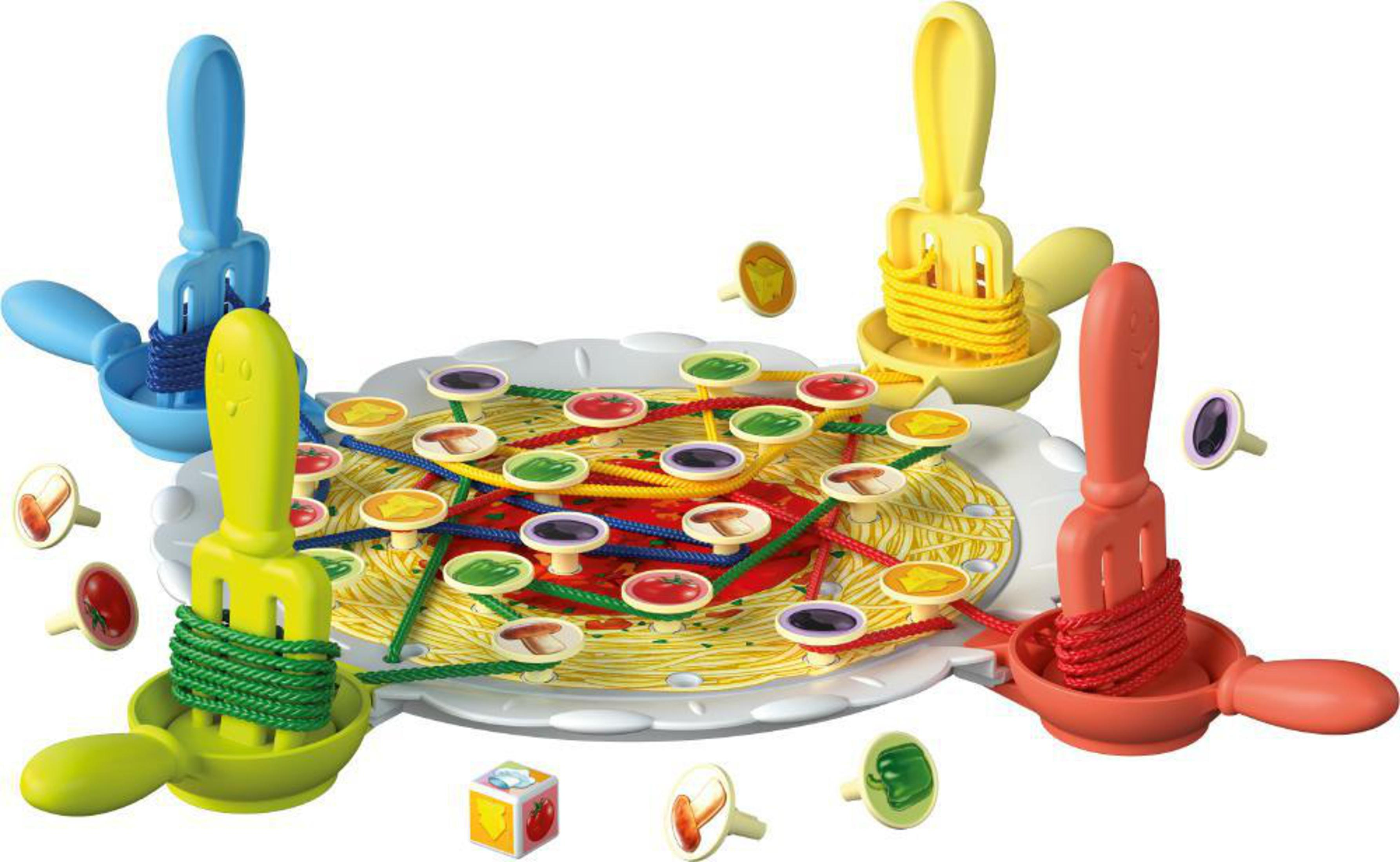 Ein Spiel mit Spaghetti und Gabeln. Es gibt vier Gabeln, und das Spiel ist auf einem weißen Teller.
