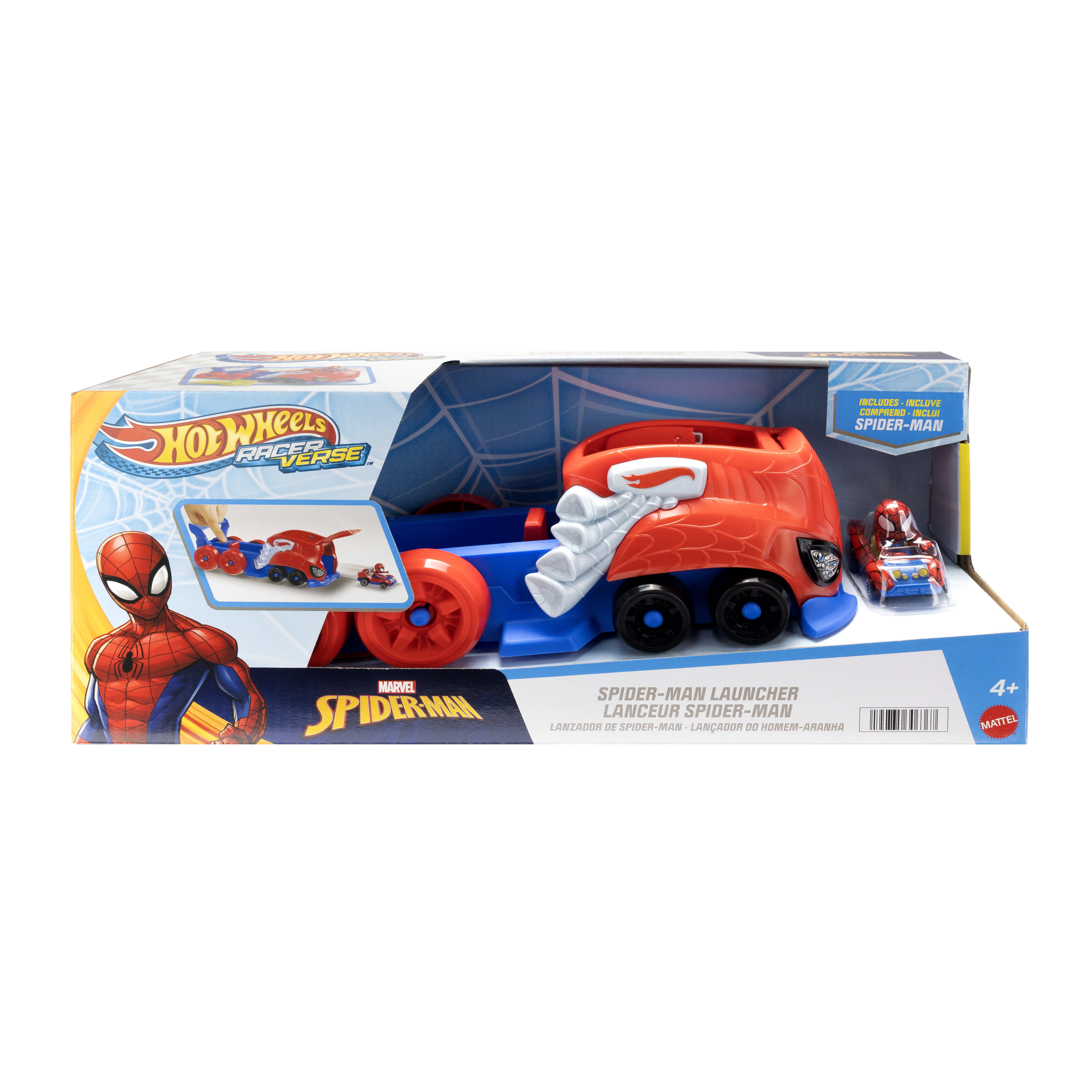 Juego de lanzador de coches de juguete Spider-Man. Coche rojo y azul con lanzador.