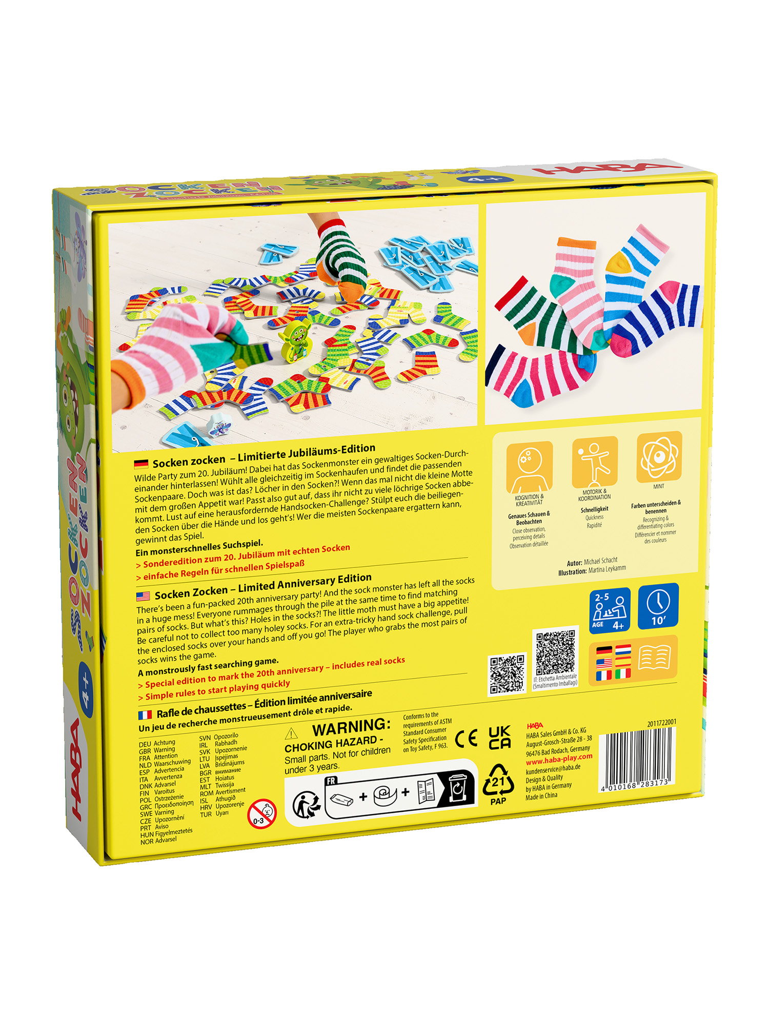 Rückseite einer Brettspielbox mit Bildern von bunten Socken und Anweisungen in mehreren Sprachen.