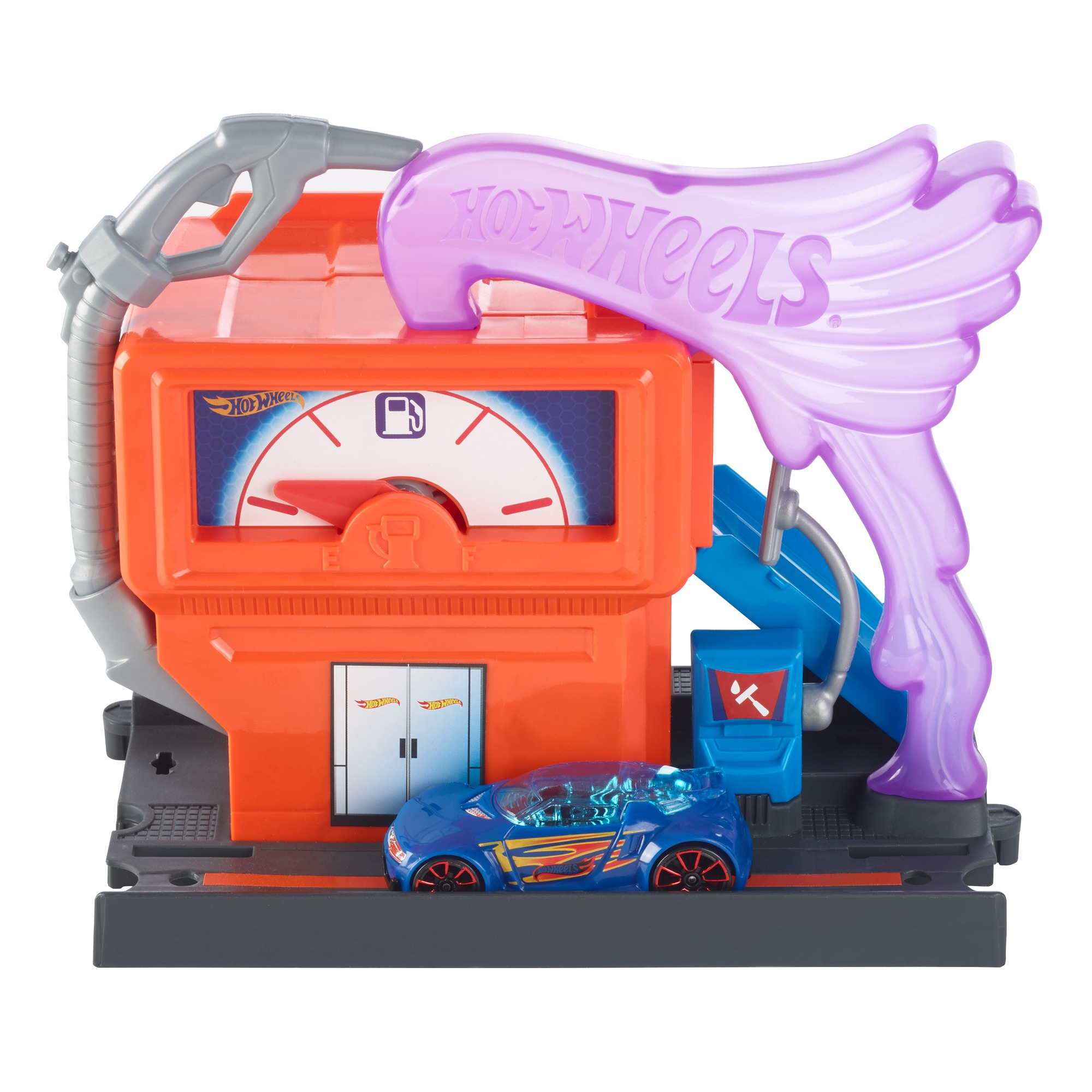 Zabawka stacji benzynowej Hot Wheels z samochodem.