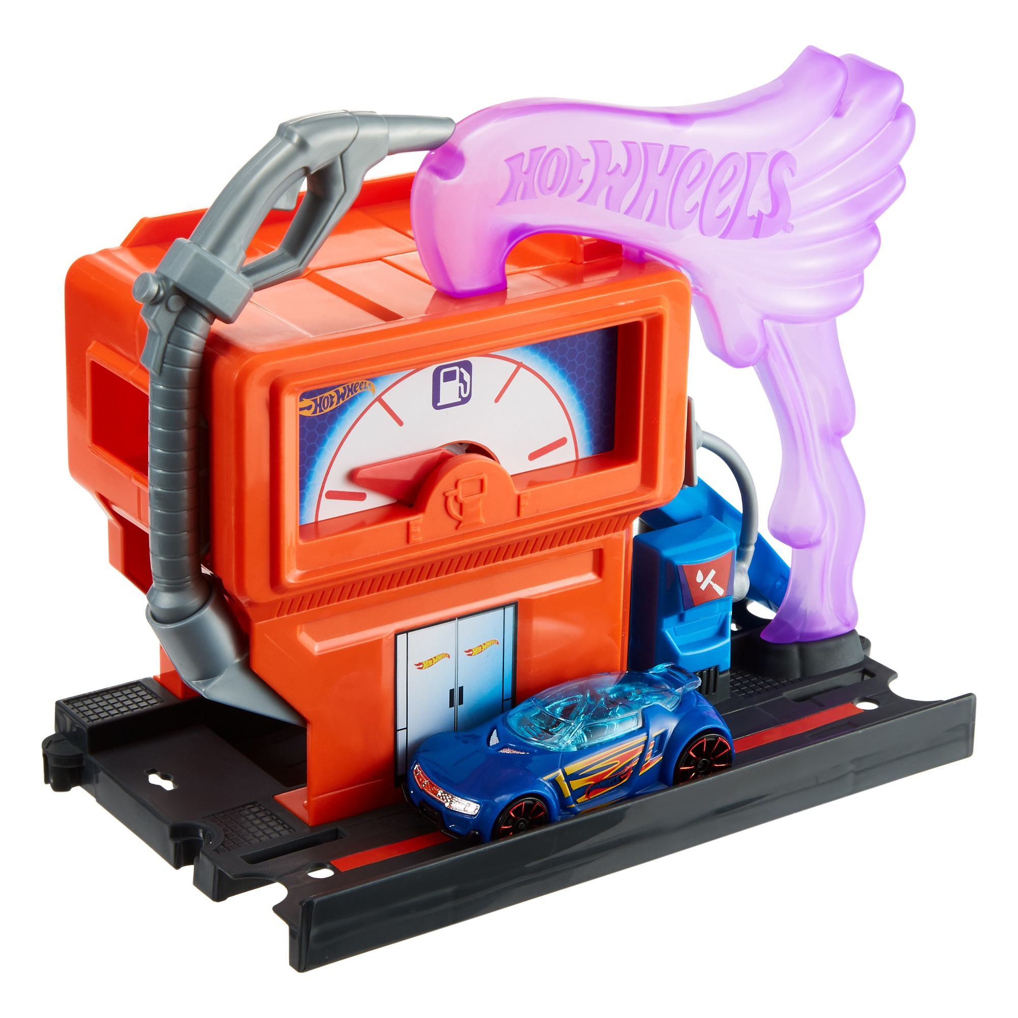 Pomarańczowa zabawka stacji benzynowej Hot Wheels z niebieskim samochodem. Różowe logo Hot Wheels.