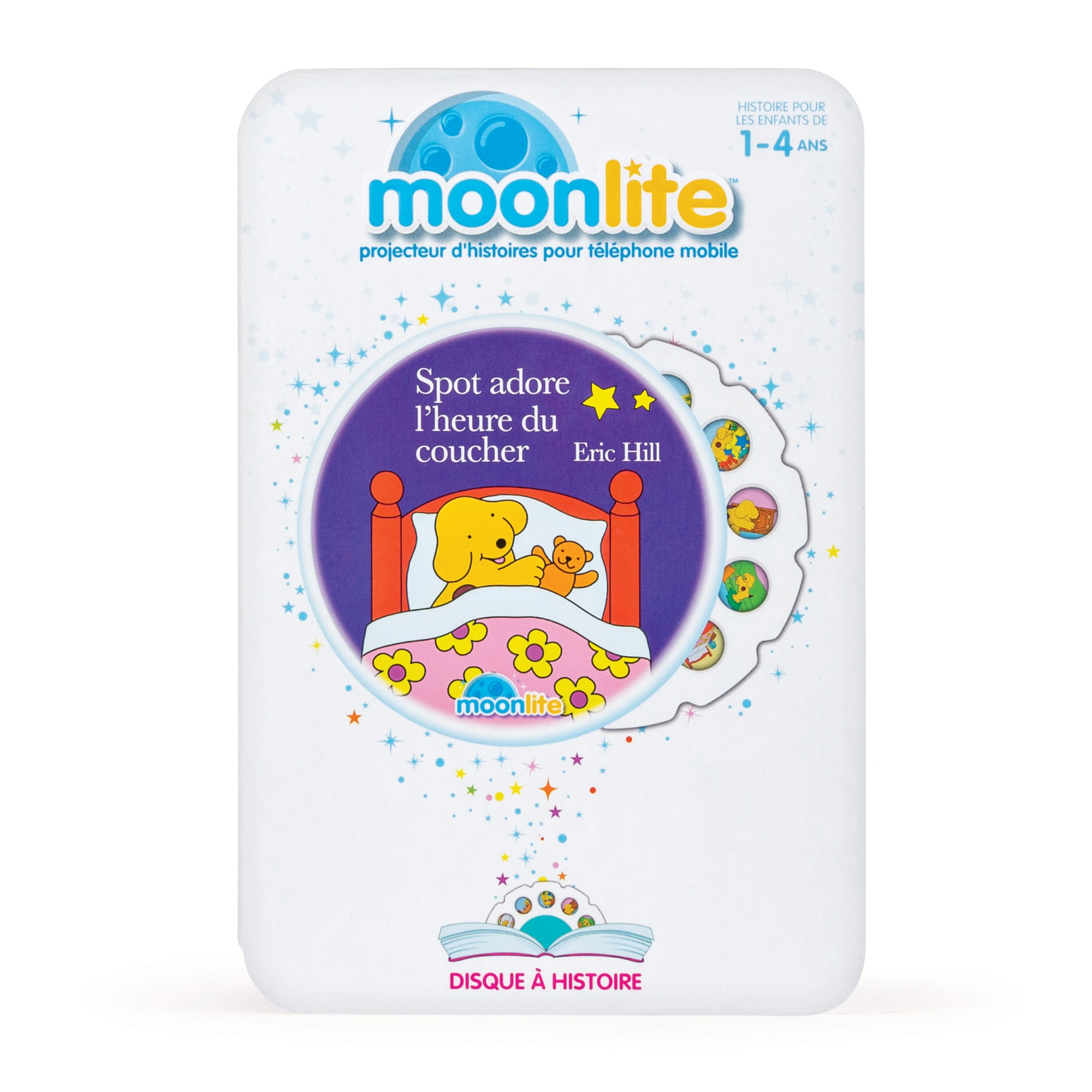 Okładka książki ze Spotem w łóżku, tytuł to Spot uwielbia porę snu. Dysk z historiami.