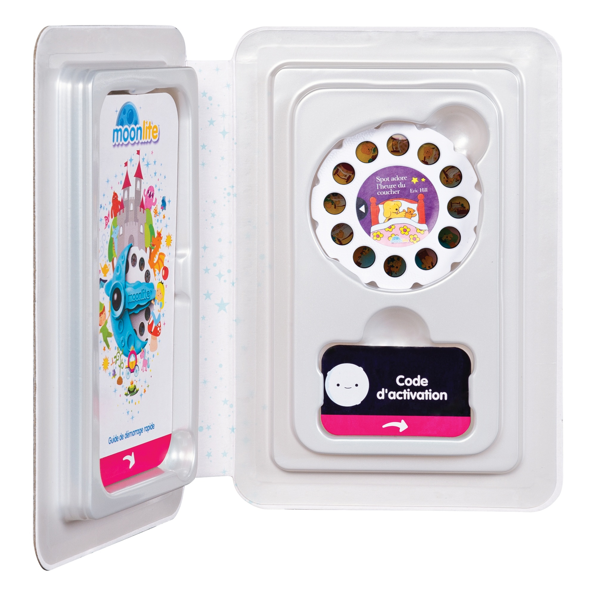 Opakowanie projektora historii Moonlite z dyskiem z historią i kartą kodu aktywacyjnego.