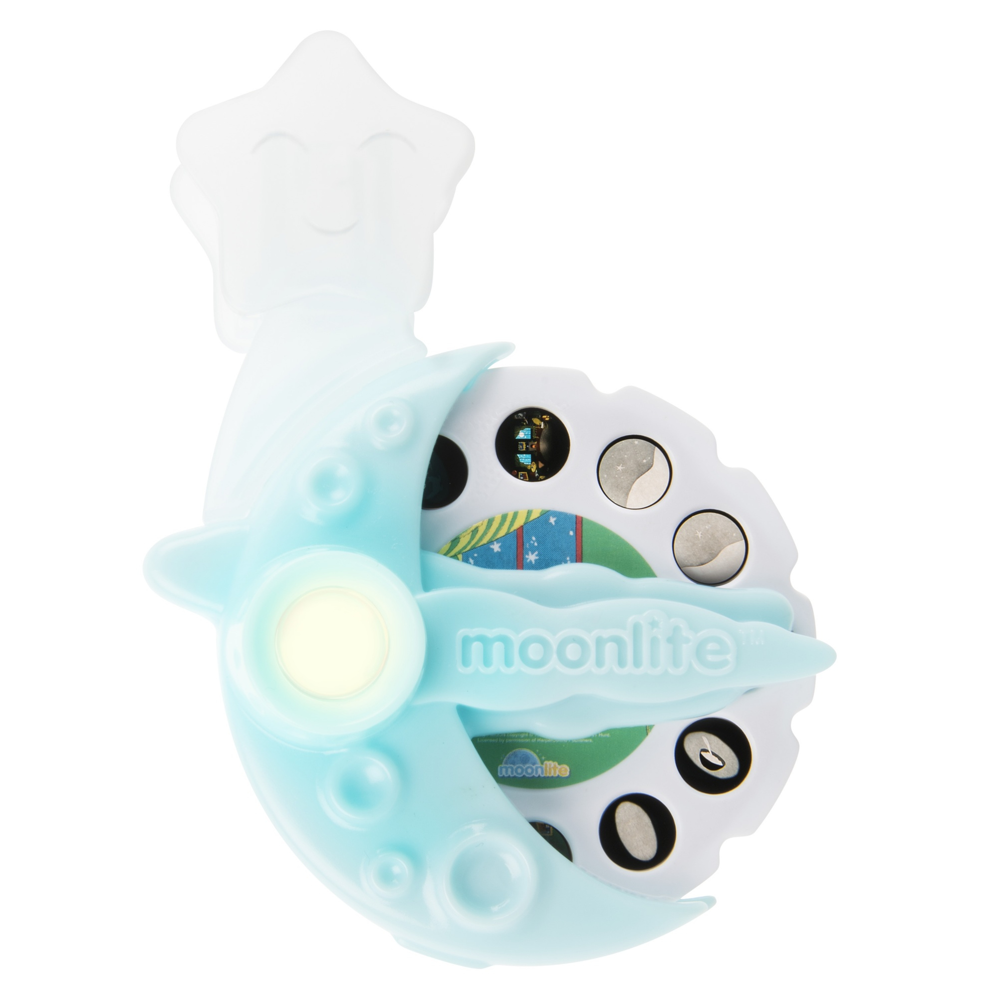 Projektor Moonlite, niebiesko-biały z uchwytem w kształcie gwiazdy. W środku dysk z historią.