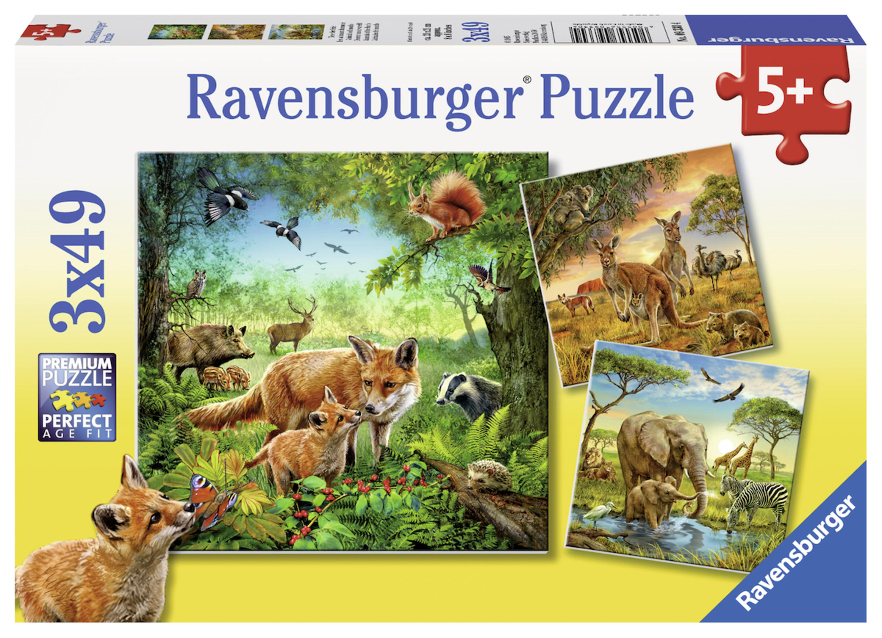 Scatola di puzzle con animali della foresta, tra cui volpi, cervi e uno scoiattolo, con immagini aggiuntive.
