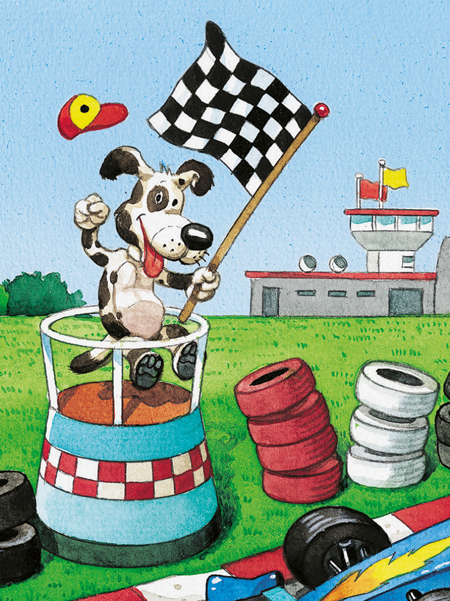 Eine Cartoon-Illustration eines Hundes in einem Rennwagen, der eine karierte Flagge schwenkt.