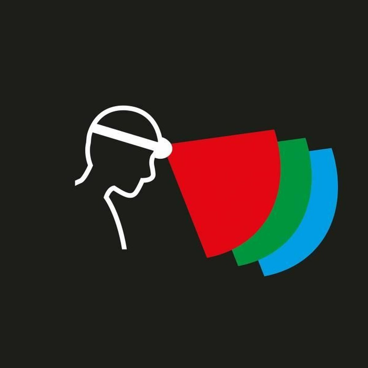 Rysunek liniowy osoby z latarką czołową, emitującej czerwone, zielone i niebieskie wiązki światła. Tło jest czarne.