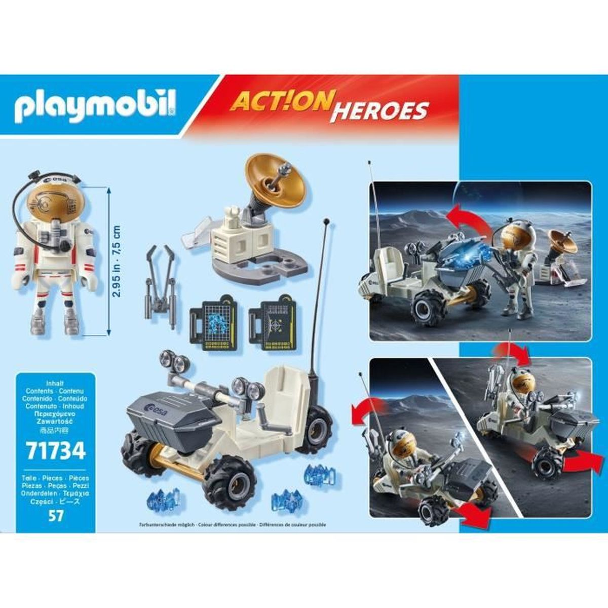 Pudełko Playmobil z sceną kosmiczną i astronautą. Zawiera łazik, satelitę i astronautę.