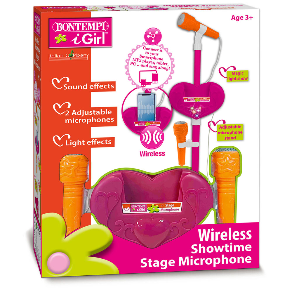 Schachtel mit einem Mikrofonspielzeug, einer rosa Basis und einem herzförmigen Panel.