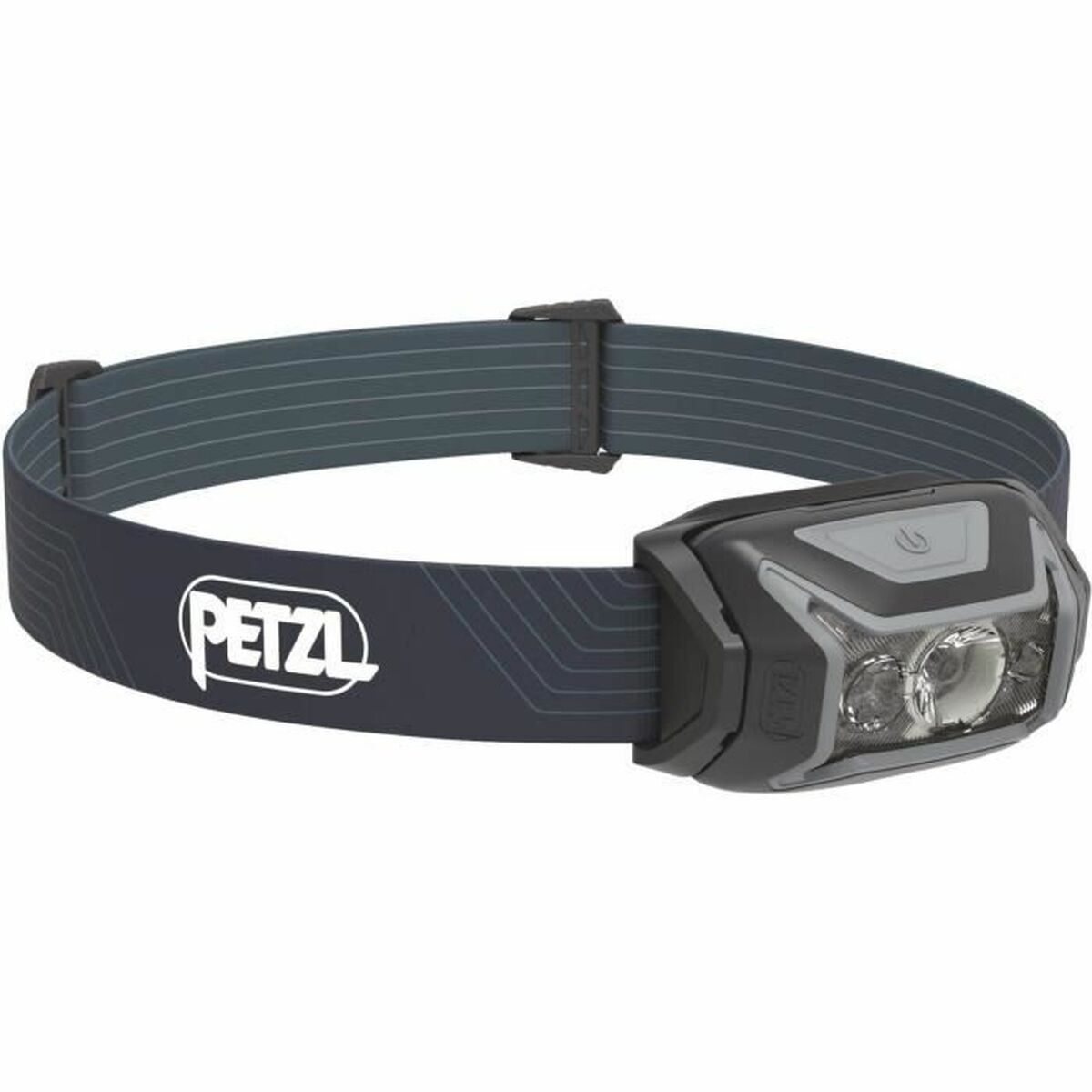 Latarka czołowa z czarnym paskiem i szarym światłem. Widoczne logo PETZL.