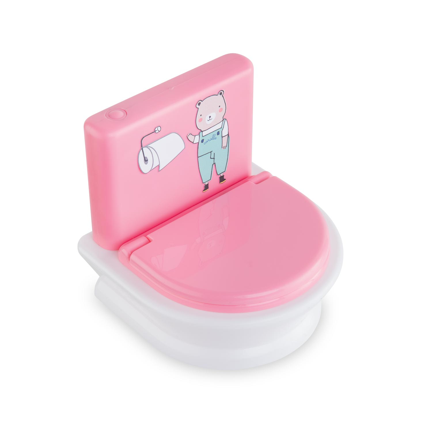 Różowa toaleta zabawka z ilustracją misia. Pokrywa i siedzisko są różowe. Podstawa jest biała.