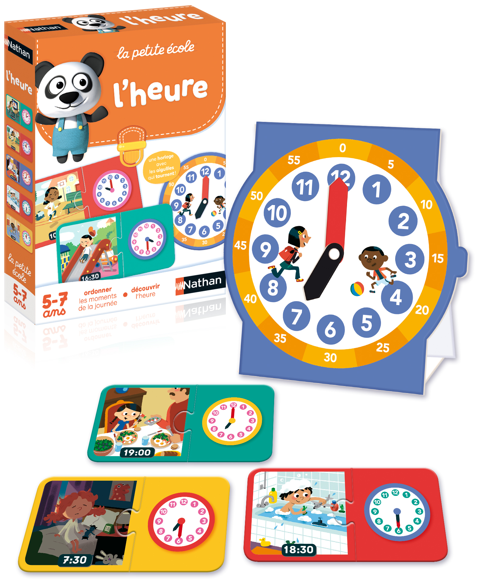 Ein Spielzeugset mit einem Panda auf der Box. Das Spielzeug enthält Uhren mit verschiedenen Zeiten.