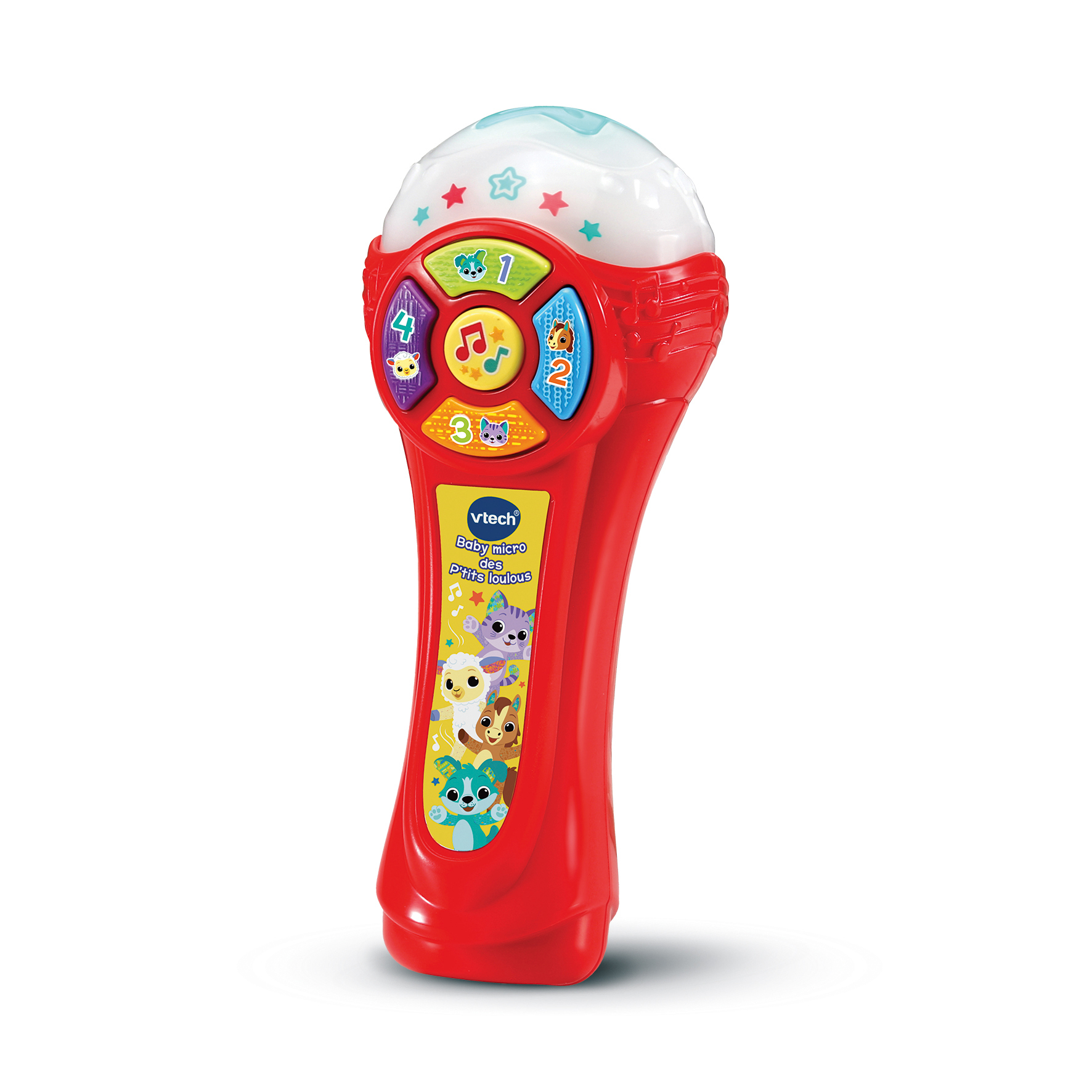 Micrófono de juguete VTech para bebé rojo con botones y personajes de animales, fondo blanco.