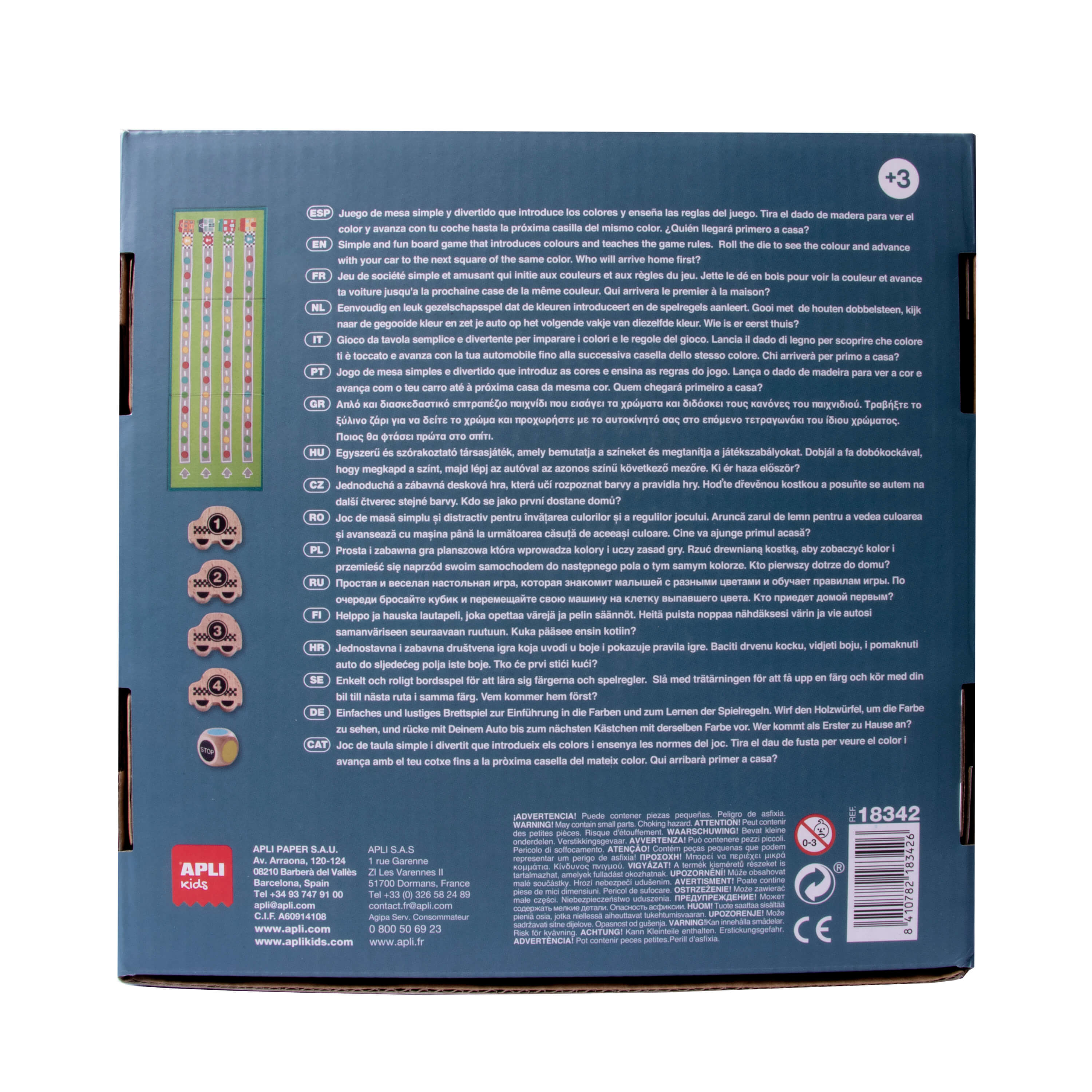 Pudełko gry planszowej z tekstem w wielu językach, ilustrujące jak grać i jej zawartość.