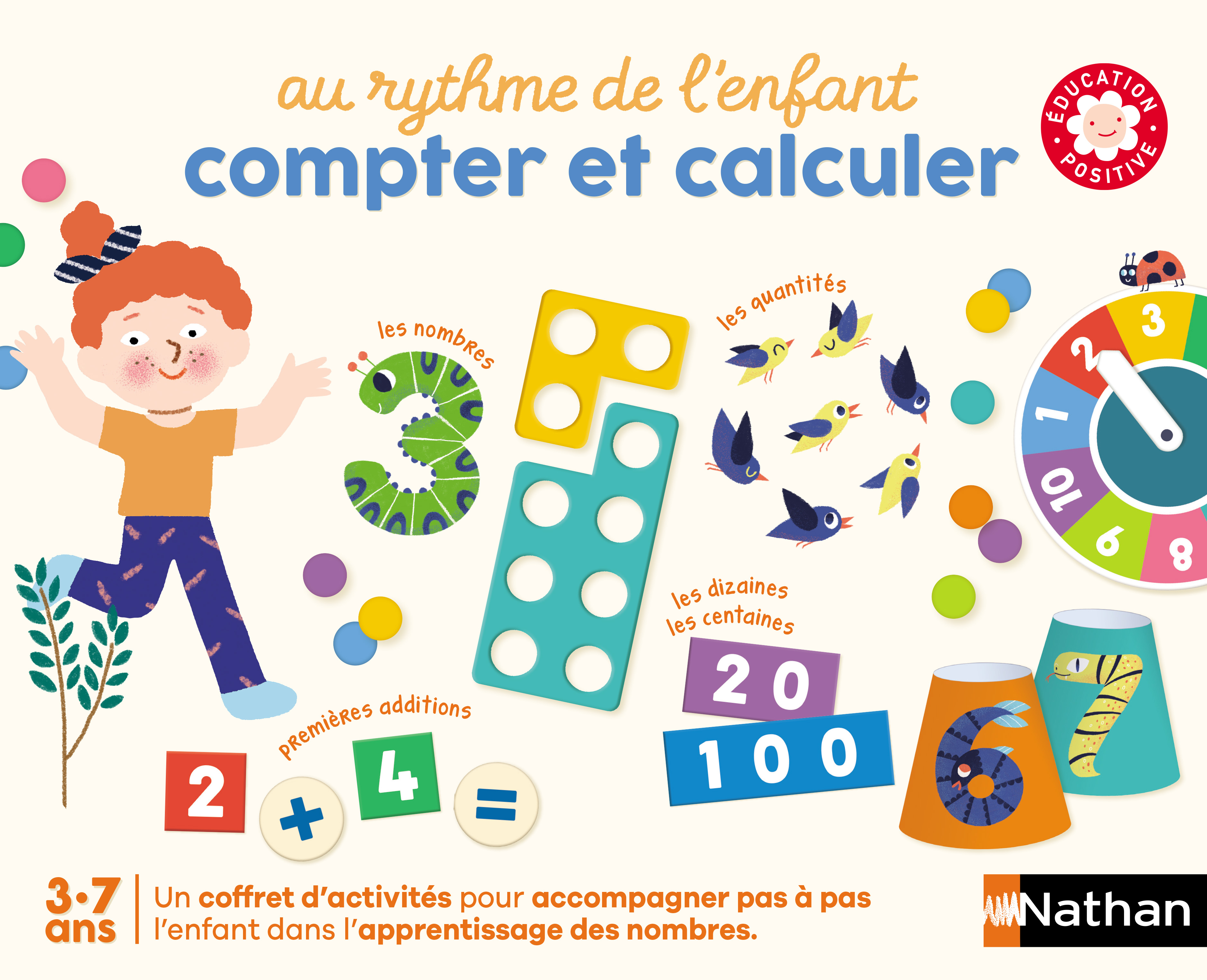 Ilustracja dla dzieci z dzieckiem, liczbami i kolorowym kołem. Zawiera tekst w języku francuskim.