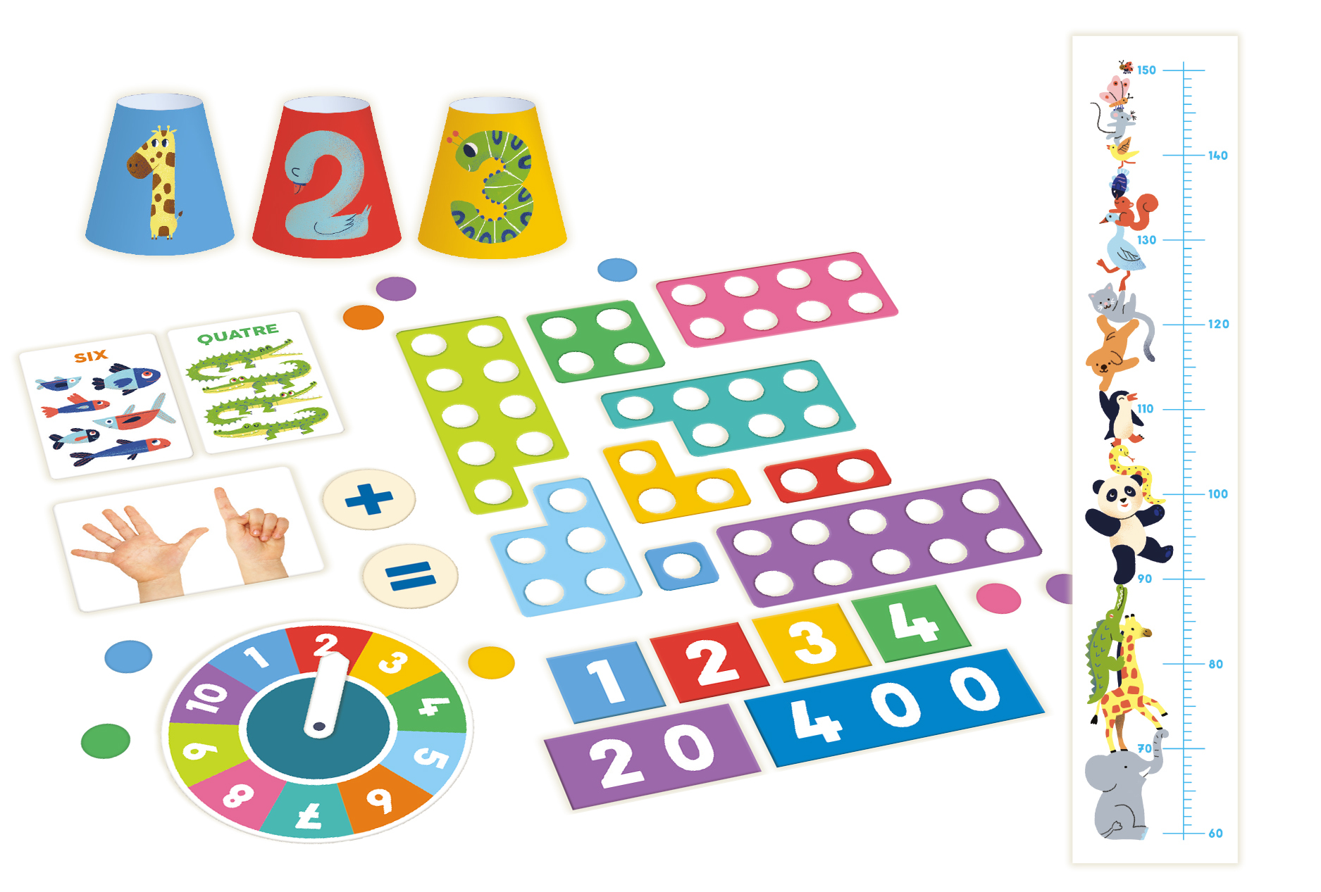 Gra edukacyjna z liczbami, kształtami i tabelą wzrostu z ilustracjami zwierząt.