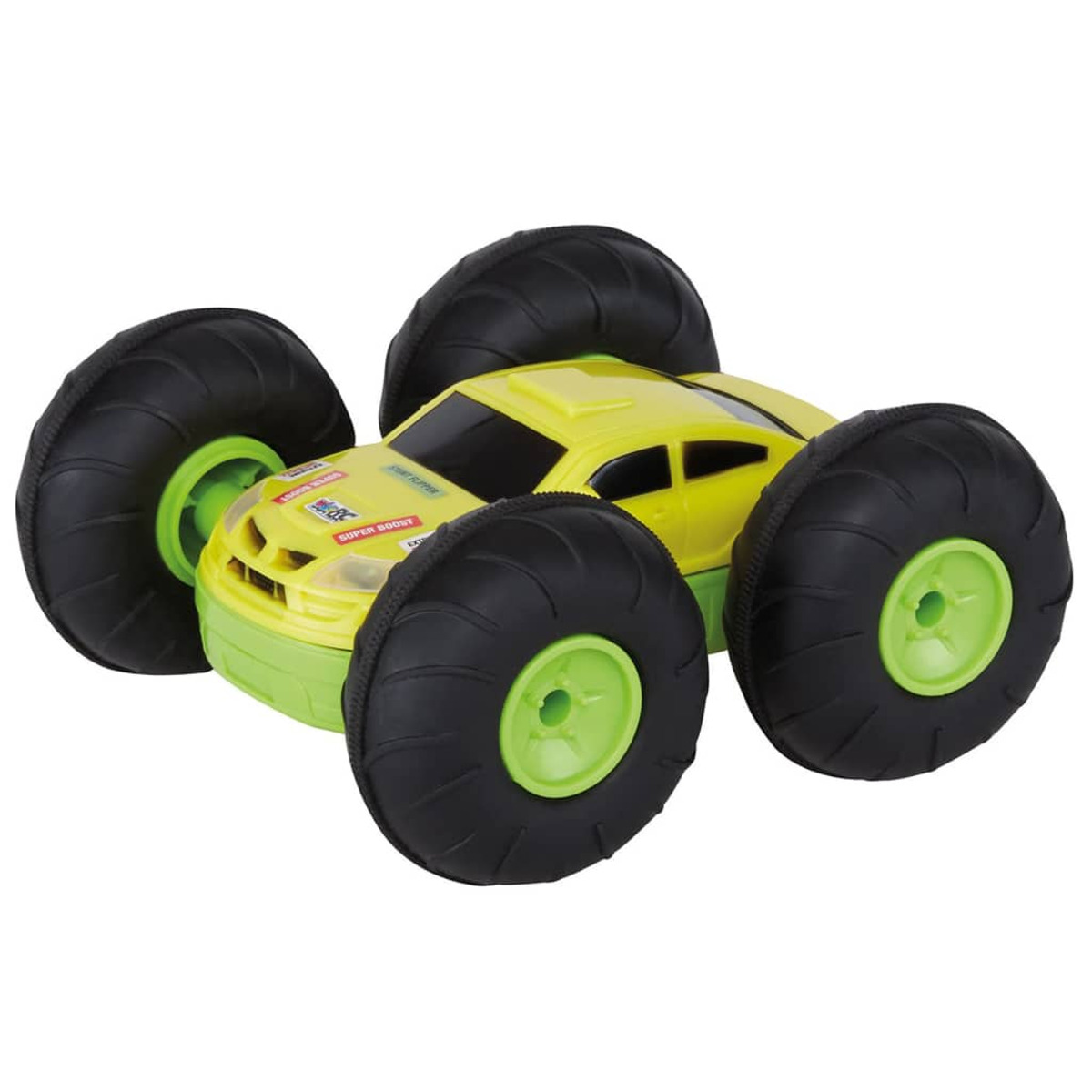 Ein gelbes Spielzeugauto mit großen schwarzen Rädern und grünen Akzenten, auf weißem Hintergrund.