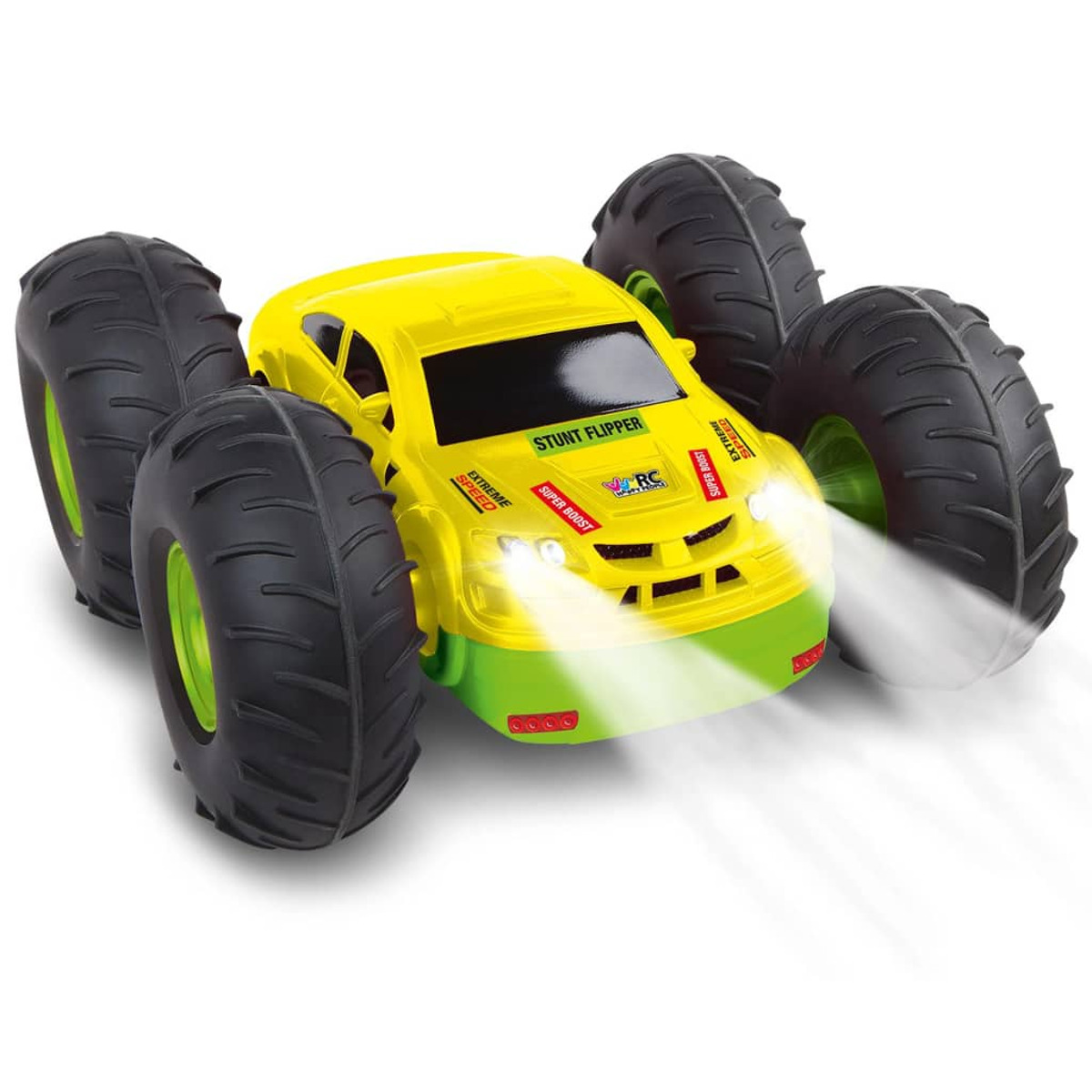 Gelbes Stunt-Auto-Spielzeug mit großen schwarzen Rädern. Es hat grüne Akzente und Lichter an.