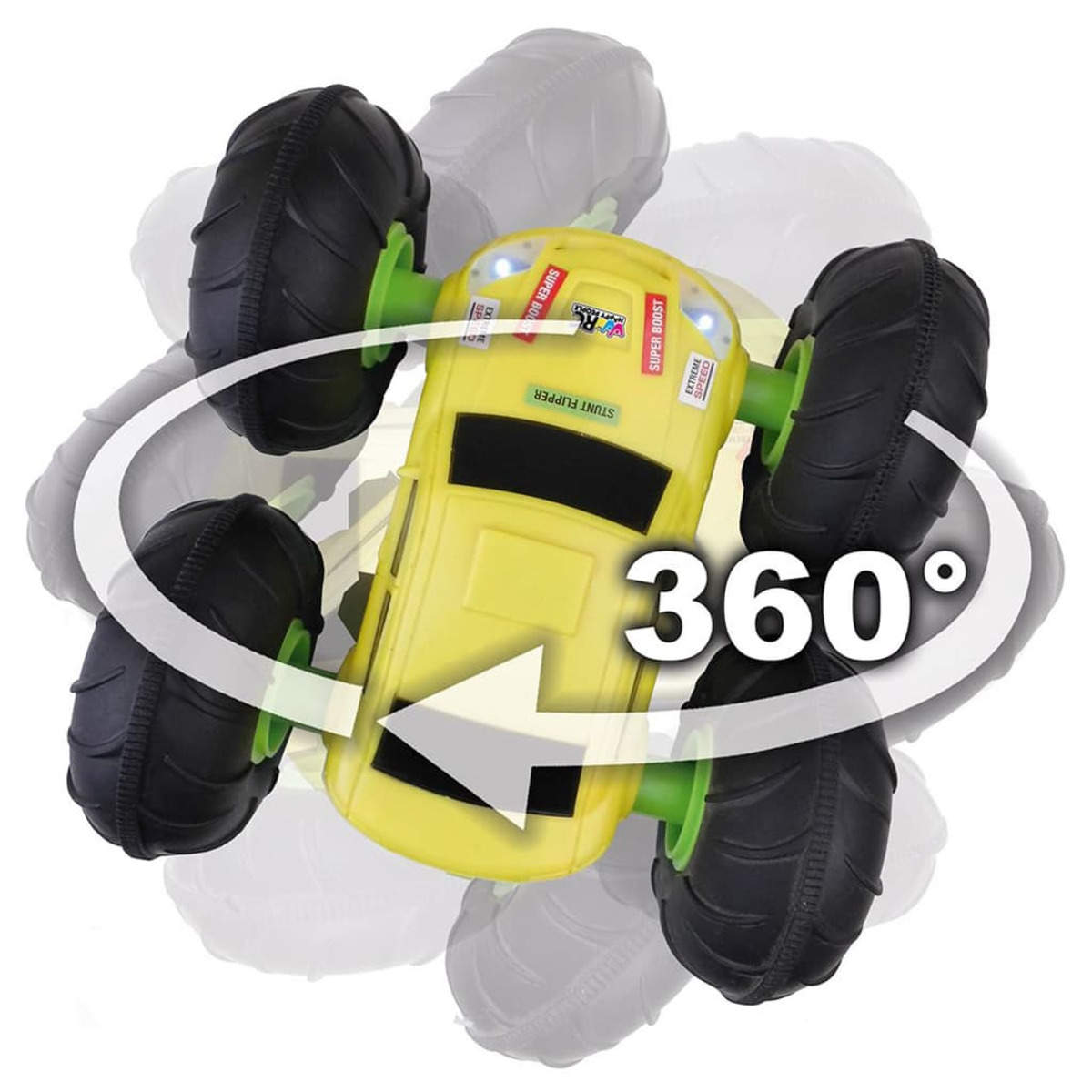 Gelbes Stunt-Auto-Spielzeug mit großen schwarzen Rädern in einer 360-Grad-Drehung.