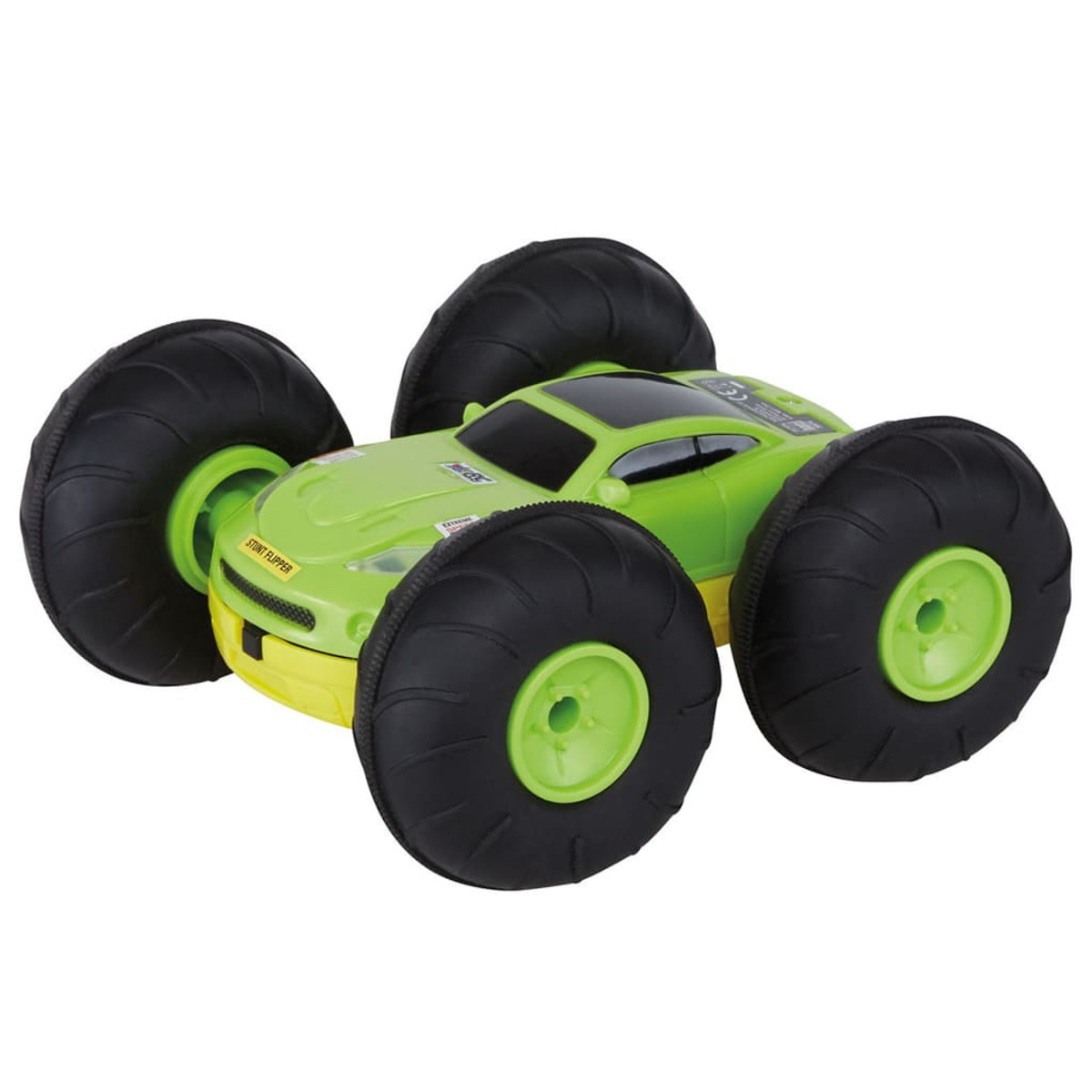 Grünes Stunt-Auto-Spielzeug mit großen schwarzen Rädern. Gelbe Akzente und weißer Hintergrund.