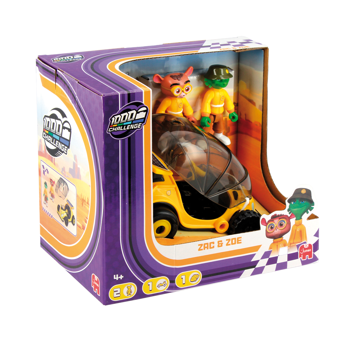 Pudełko z zabawkami z dwiema figurkami i żółtym samochodem, z tekstem na opakowaniu.