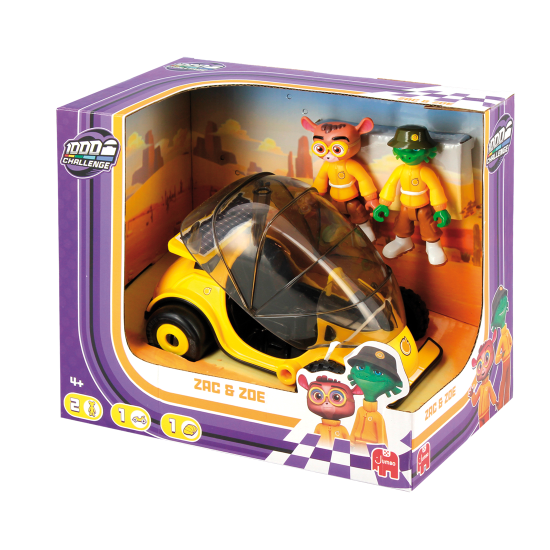 Zestaw zabawek: żółty samochód, dwie figurki. Opakowanie mówi 'Zac & Zoe' i '1000 Challenge'.
