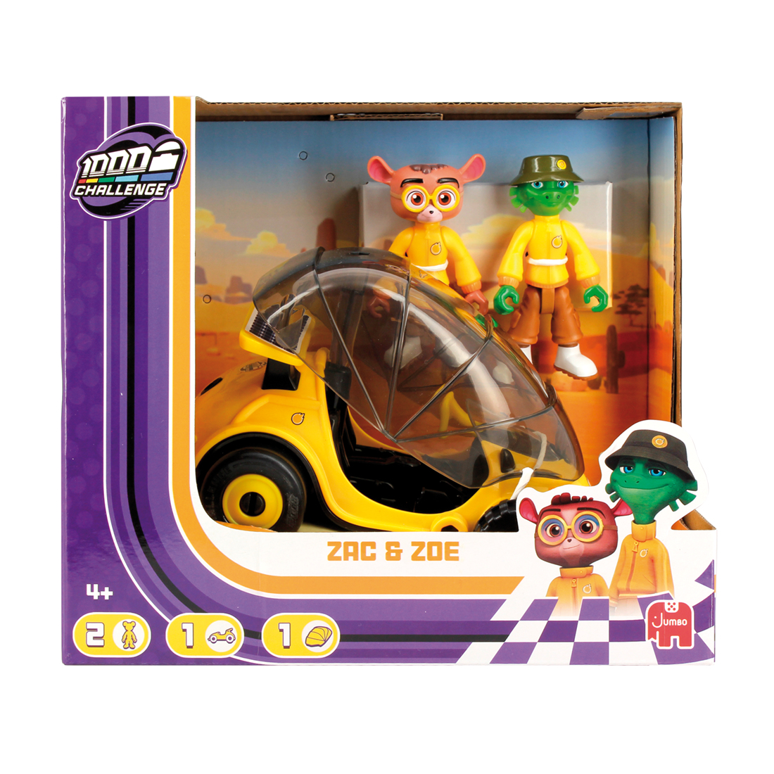 Zestaw zabawek z figurkami w samochodzie. Figurki są żółte i zielone. Białe tło.