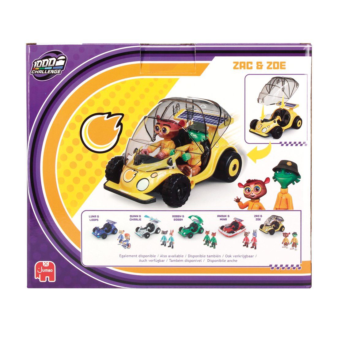 Tył pudełka z 'Zac & Zoe' i różnymi obrazami samochodzików, w tym żółtym.