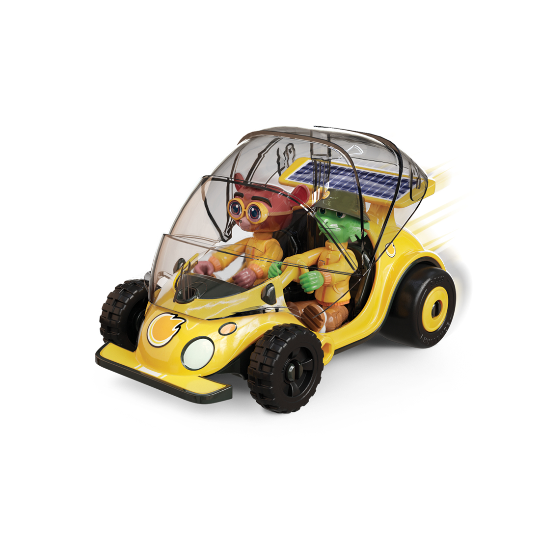Żółty zabawkowy samochód z dwiema postaciami w środku. Ma przezroczysty dach i panel słoneczny.