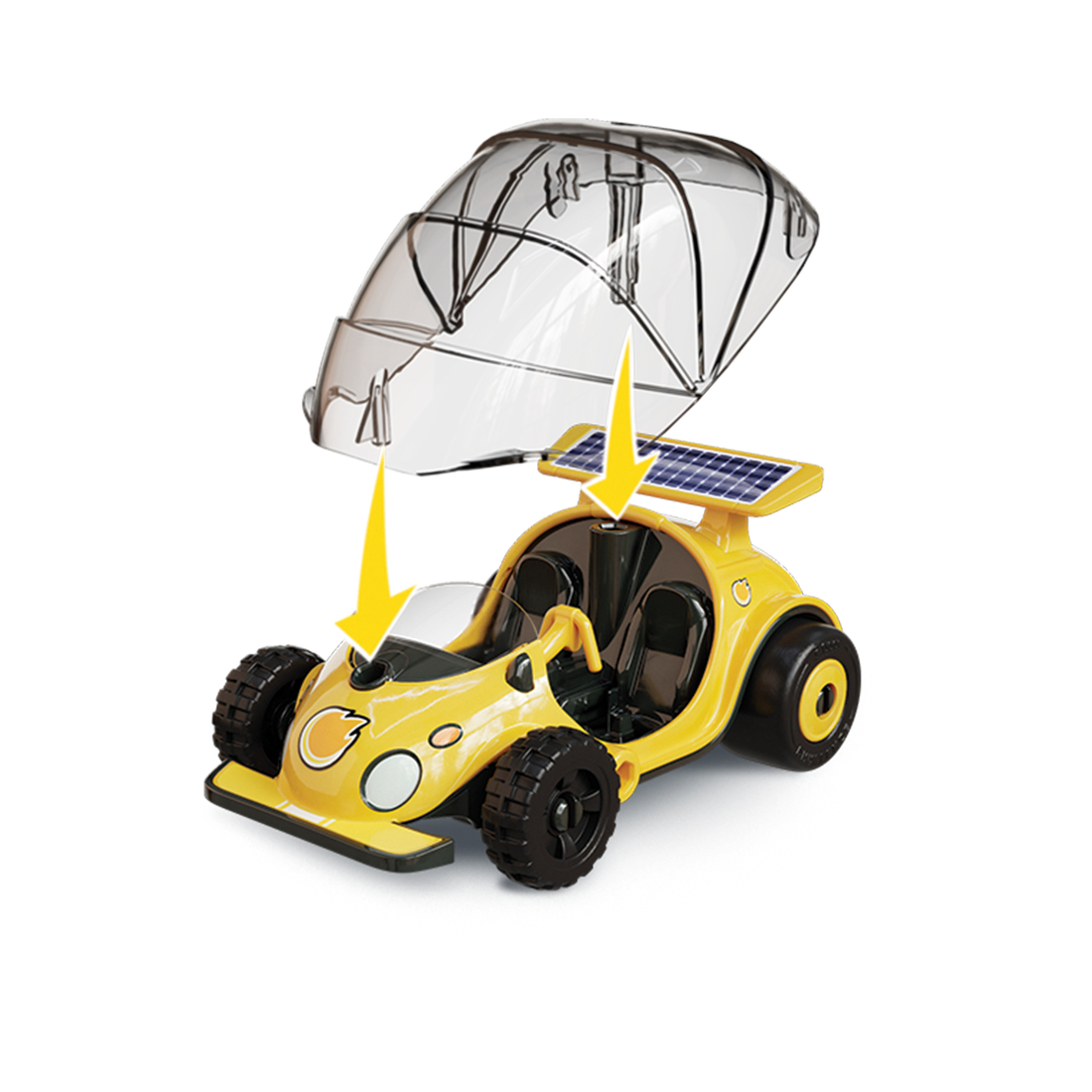 Żółty zabawkowy samochód z otwartym, przezroczystym dachem. Dwie żółte strzałki wskazują na niego.
