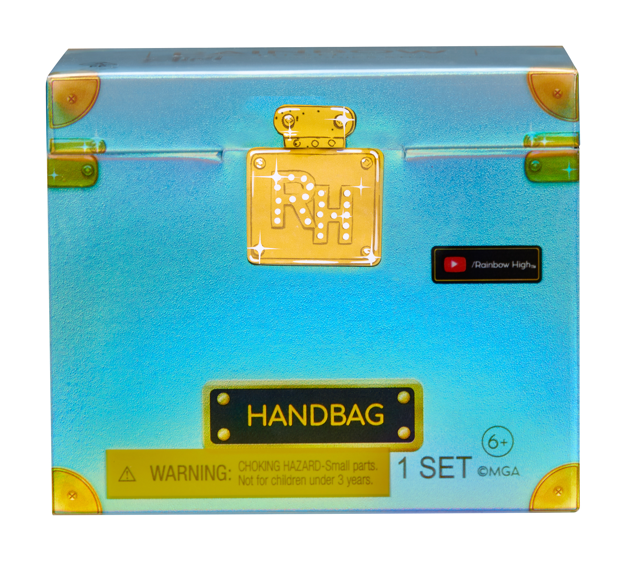 Niebieskie i srebrne pudełko z zabawkami z napisami "Torebka" i "Rainbow High".