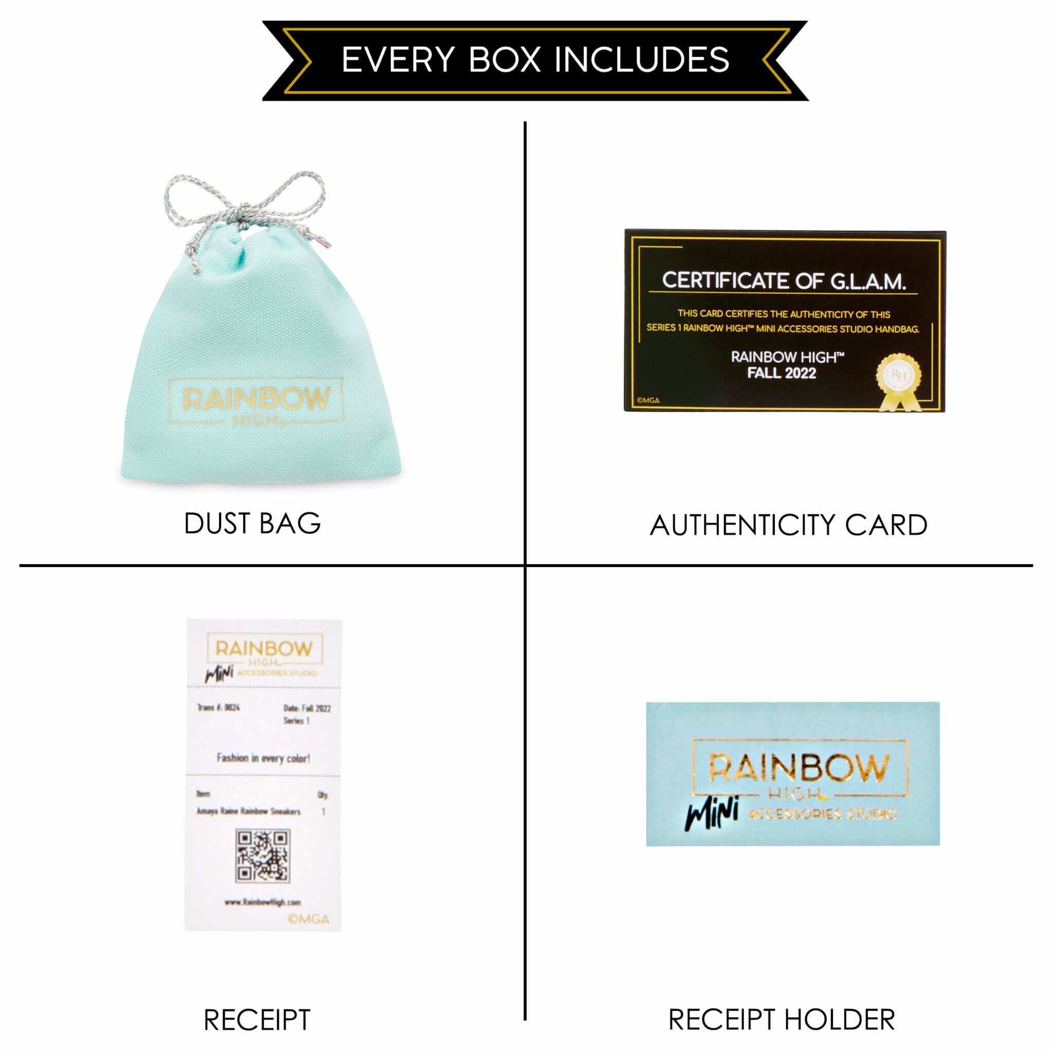 Cztery elementy z zestawu 'Rainbow High': worek na kurz, karta autentyczności, paragon i uchwyt na paragon.