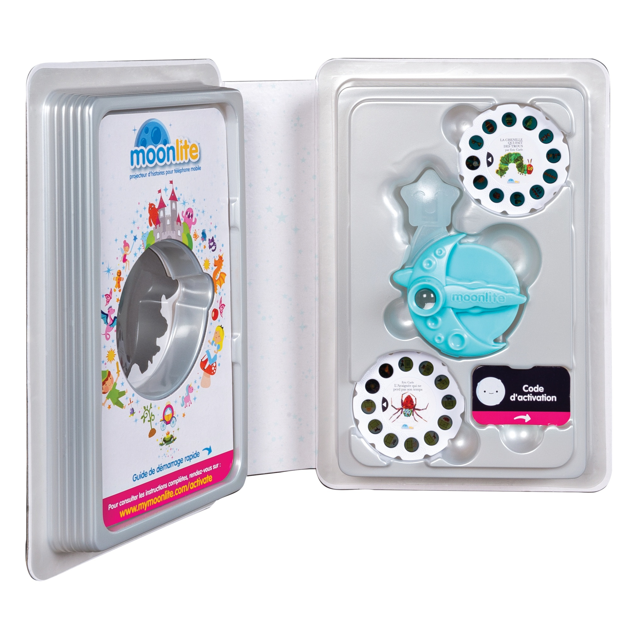 Projektor historii Moonlite, dyski i opakowanie z ilustracjami.