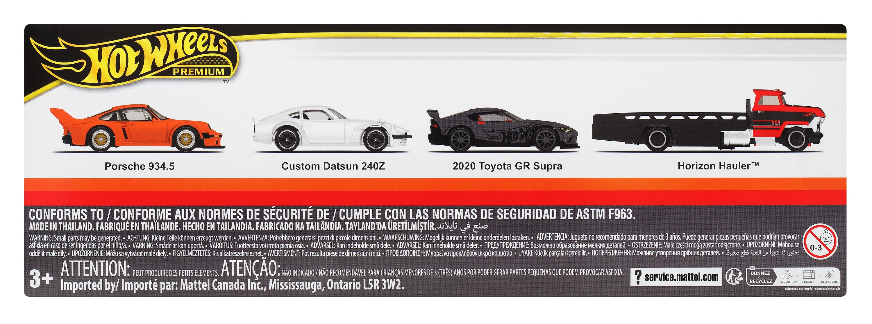 Tył opakowania Hot Wheels z czterema zabawkami i kilkoma ostrzeżeniami bezpieczeństwa.