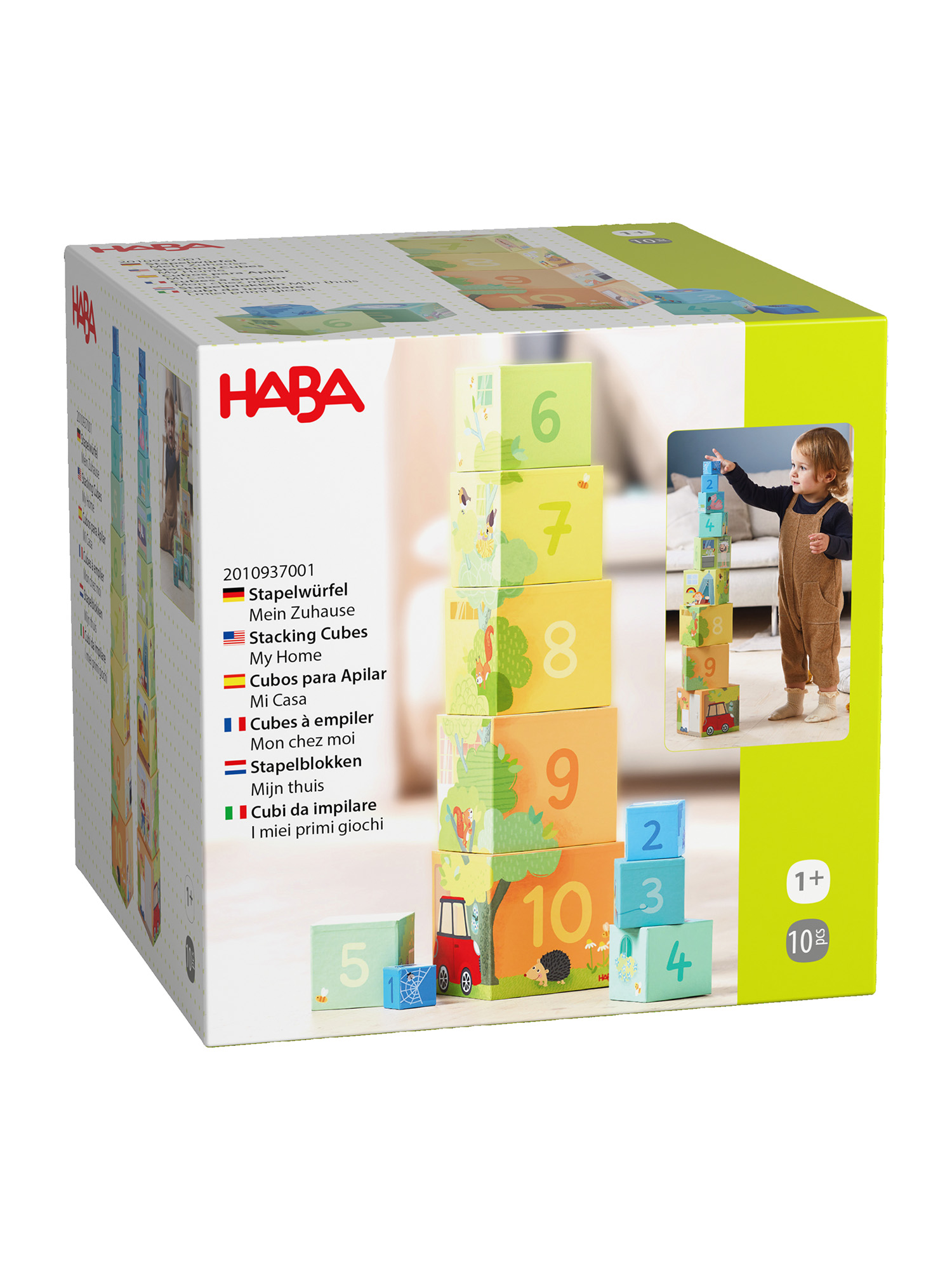 Eine Schachtel mit Stapelwürfeln mit Zahlen, Illustrationen und Text in mehreren Sprachen, die ein Kinderspielzeug zeigen.