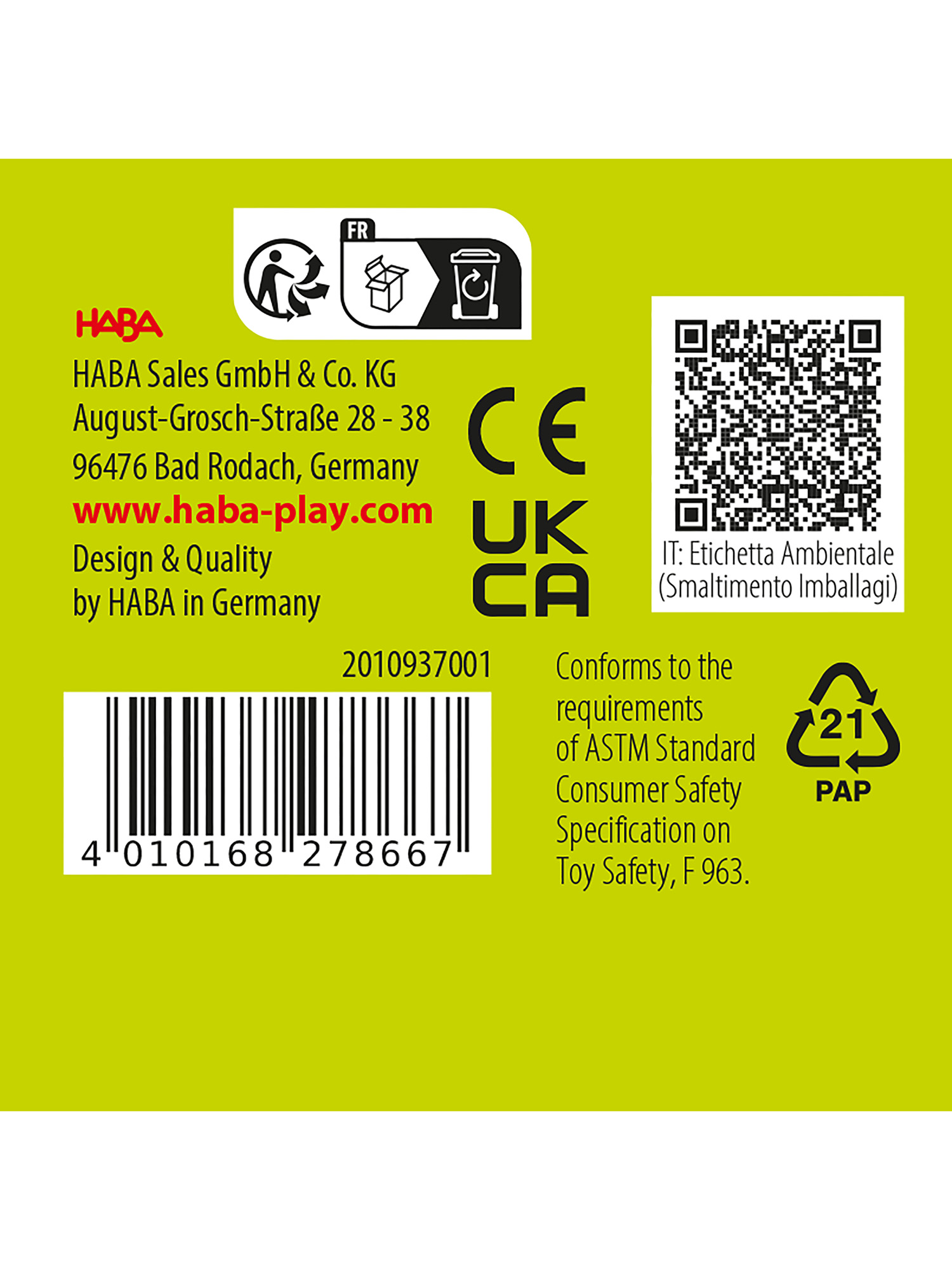 Grünes Etikett mit Text, Logo und einem Recycling-Symbol, mit schwarzem und weißem Text.