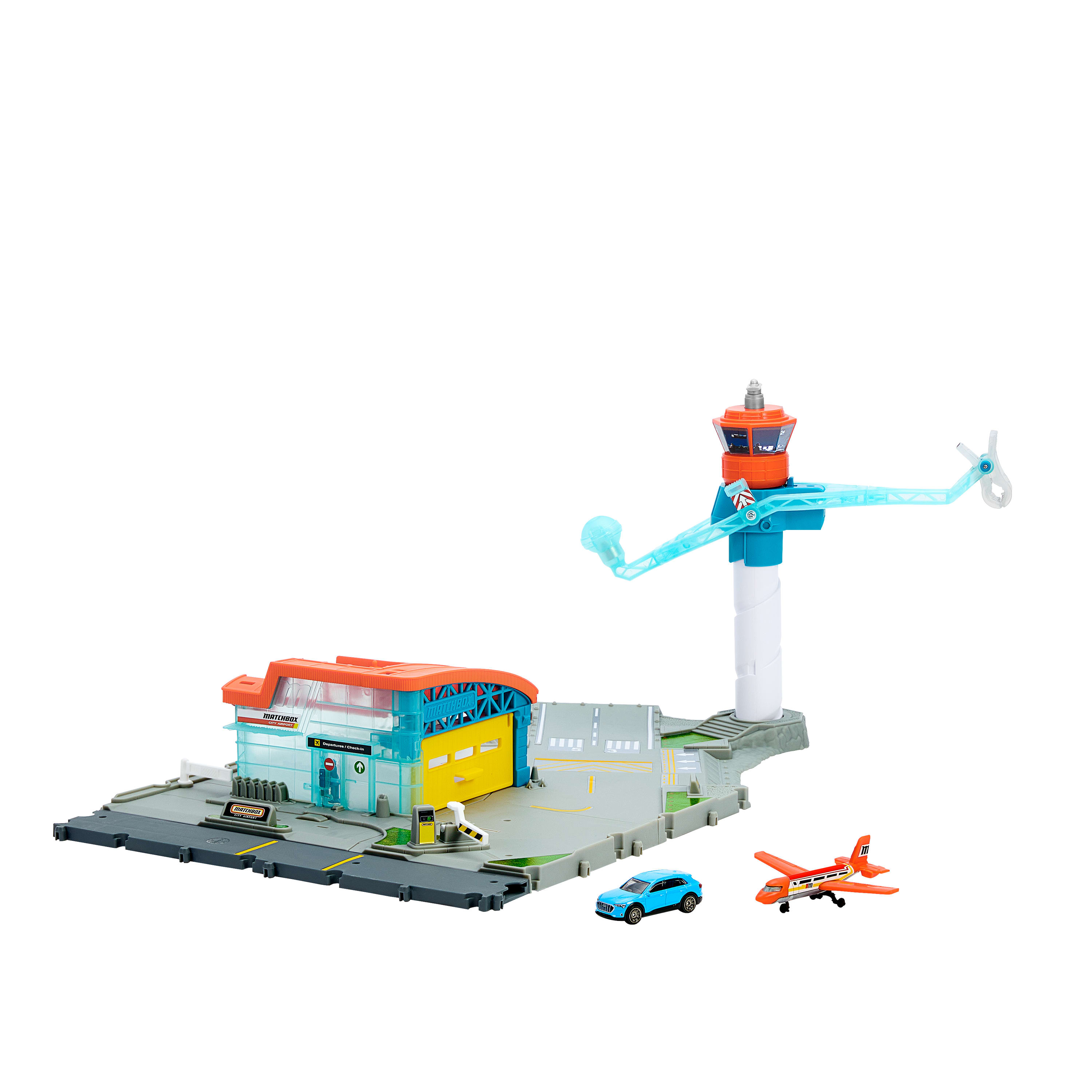 Ein Matchbox Flughafen-Spielset mit Kontrollturm, Flugzeug, Auto und Gebäude.