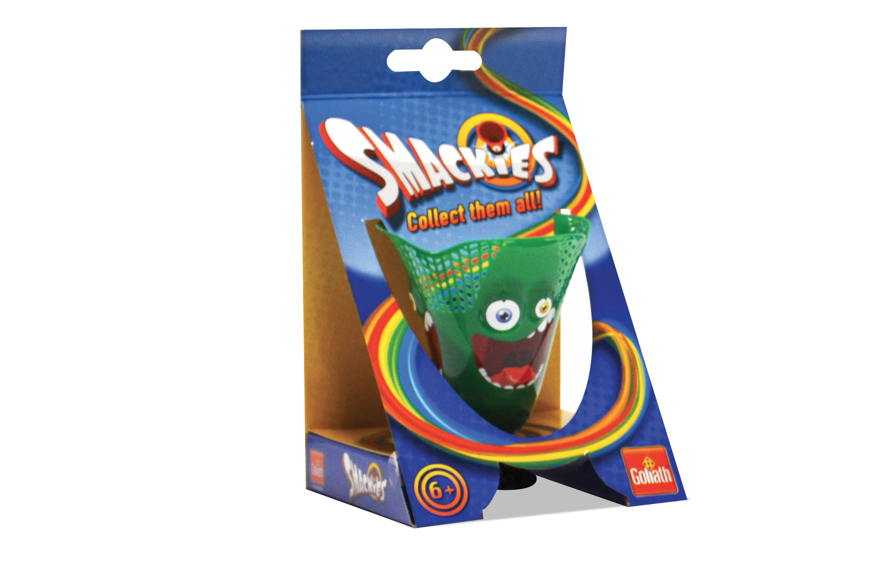 Un juguete de monstruo verde en una caja azul y marrón. La caja tiene una carita sonriente y la palabra "SMACKIES".