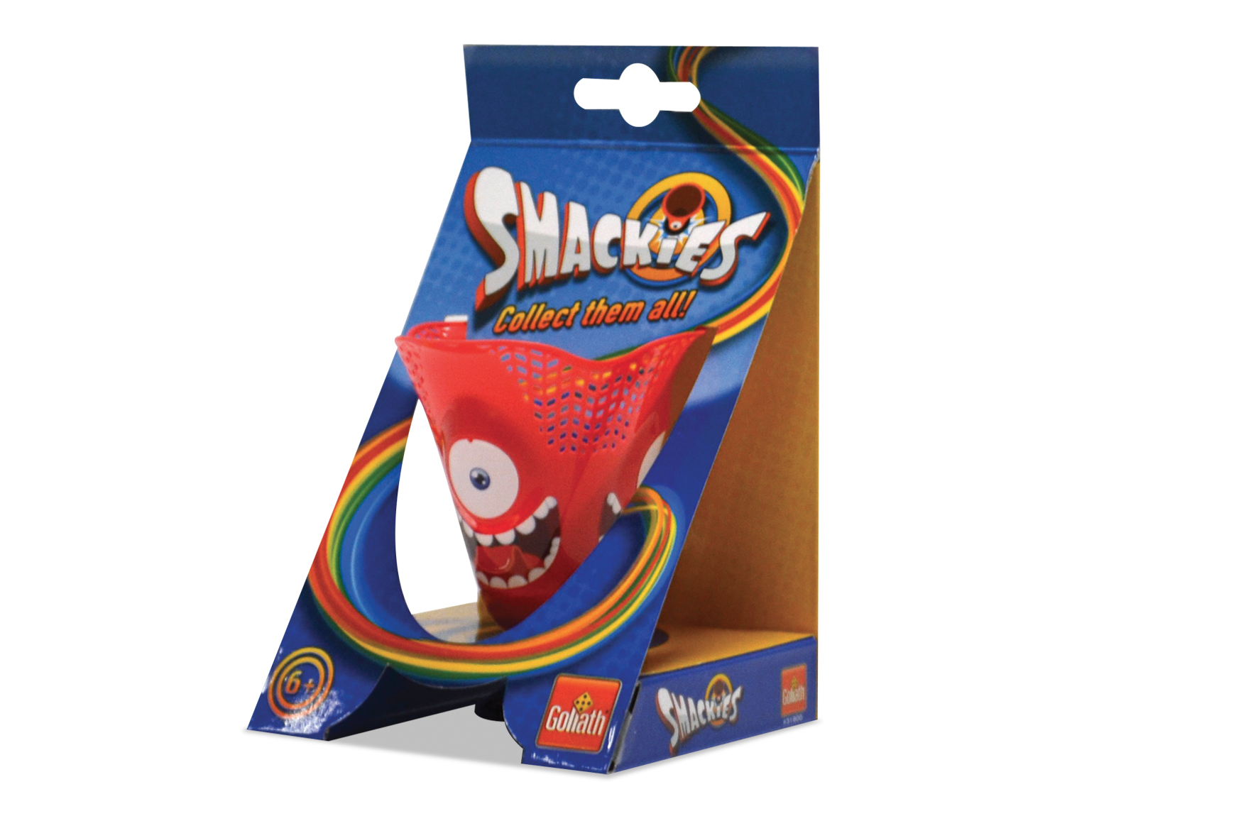 Un monstruo de juguete rojo en una caja expositora con las palabras "Smackies" y "¡Colecciónalos todos!".