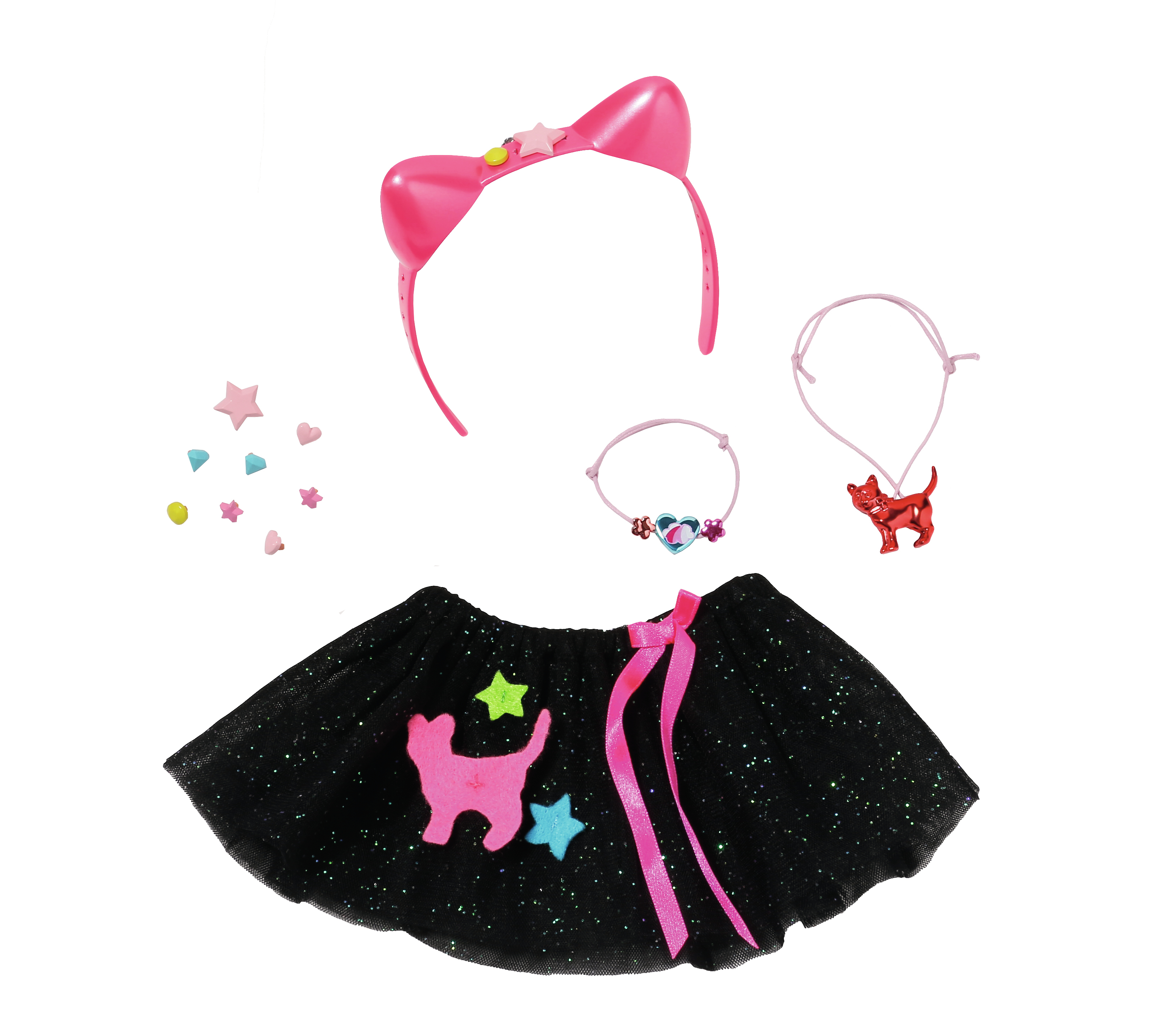 Różne akcesoria dla lalek: różowa opaska na głowę, bransoletki, naszyjnik, czarna spódnica i kształty gwiazd.