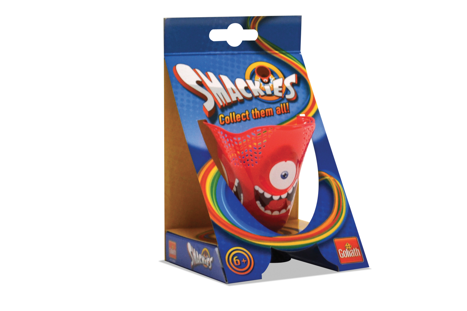 Paquete de juguete Smackies. La figura del monstruo rojo asoma por la caja.