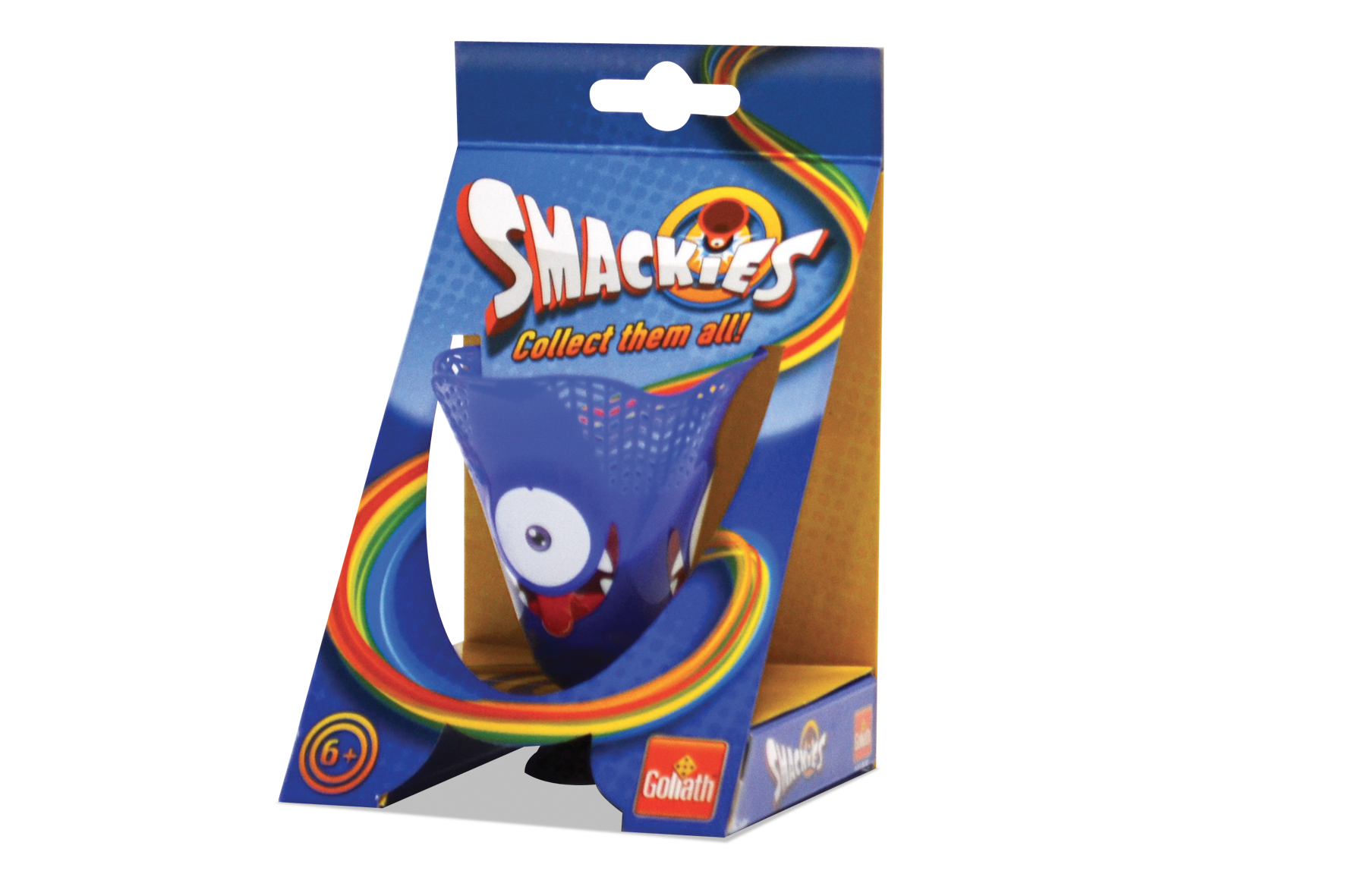 Paquete de juguete Smackies. La figura del monstruo azul asoma por la caja.