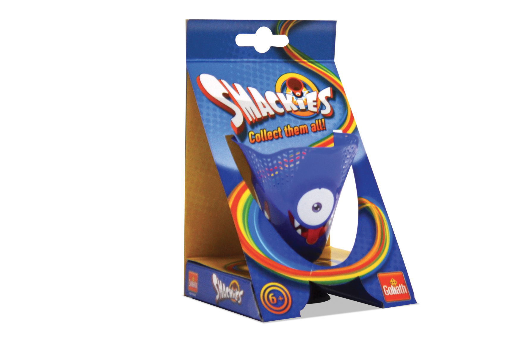 Una caja azul y amarilla con un diseño de monstruo de dibujos animados, etiquetada como 'Smackies', sobre un fondo blanco.