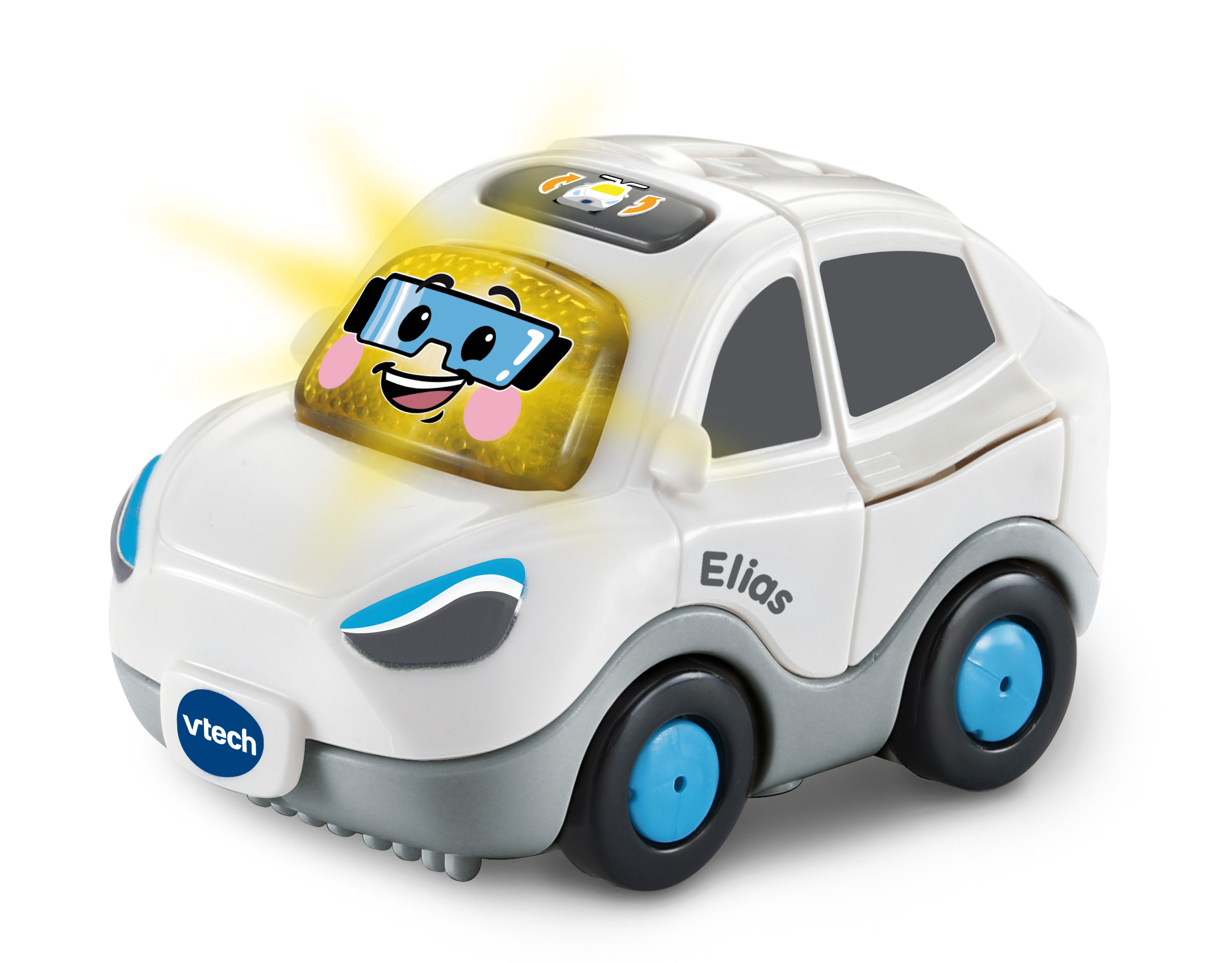 Coche de juguete blanco con cara sonriente, nombre "Elias" en el lateral, detalles azules y efecto de luz.
