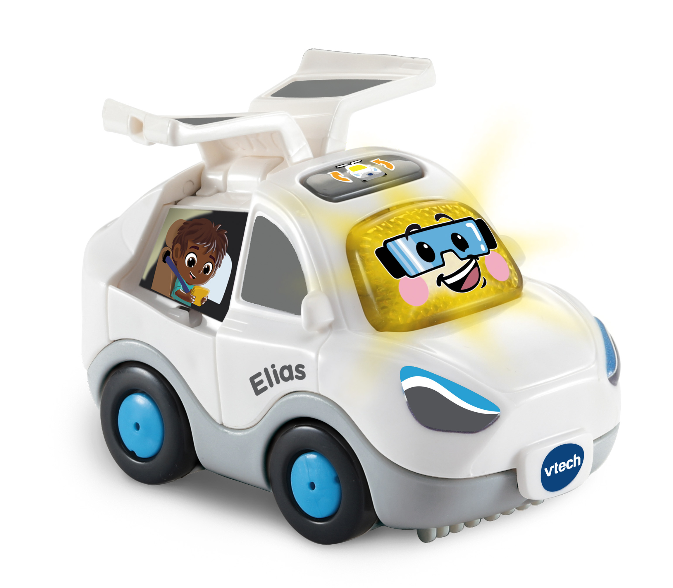 Coche de juguete blanco con puertas abiertas, una cara sonriente y un niño ilustrado dentro.