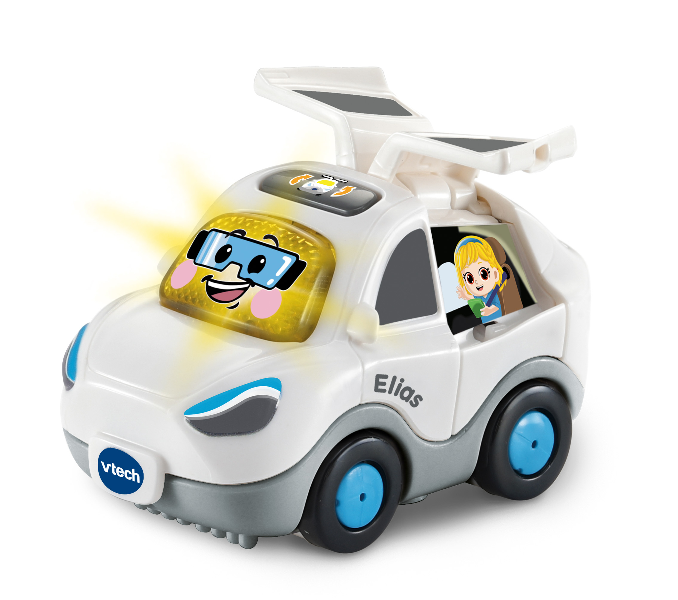 Un coche de juguete blanco con una cara sonriente y una niña dentro. Parabrisas iluminado.
